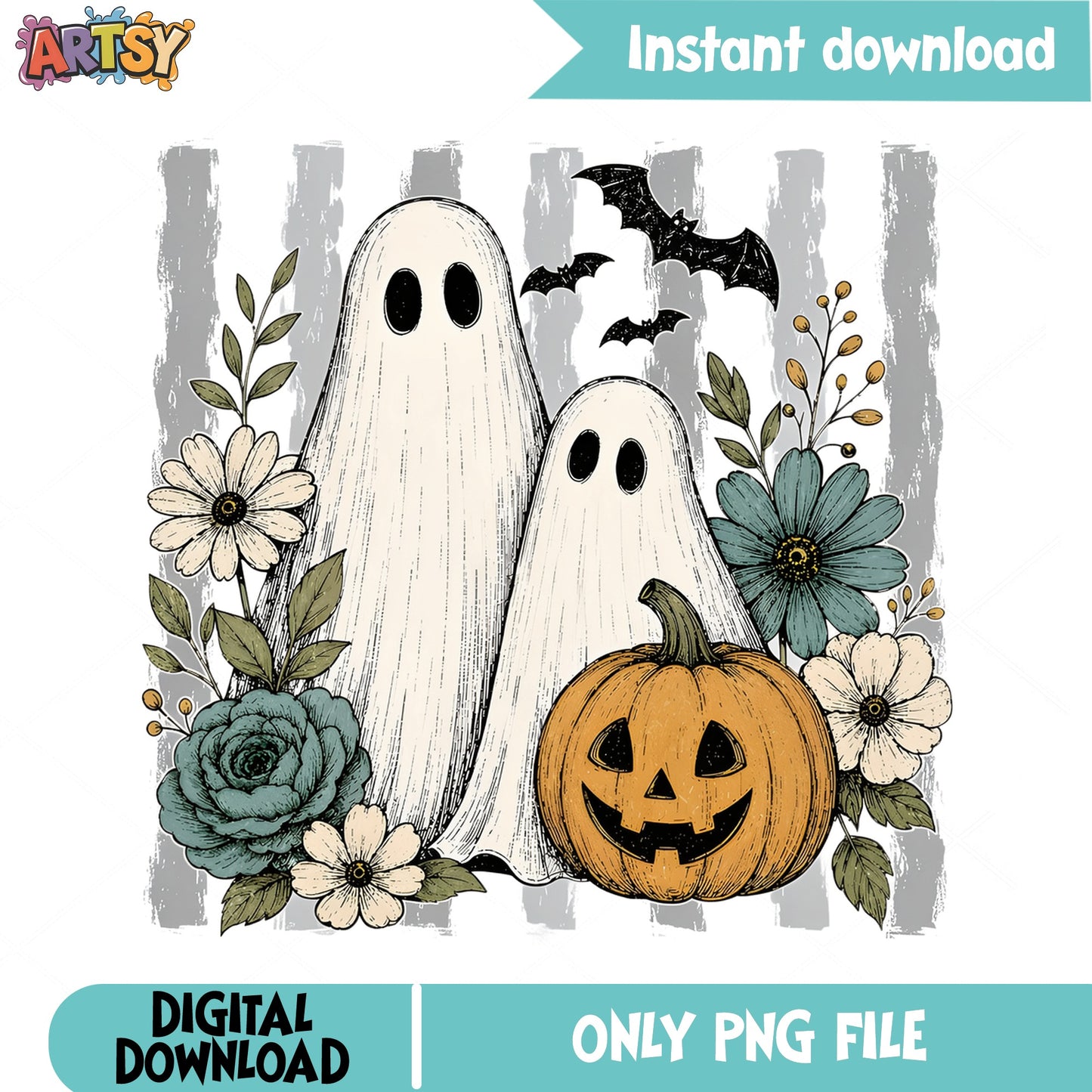 Floral Ghost Halloween PNG, Pumpkin Bat Sublimation, Spooky PNG