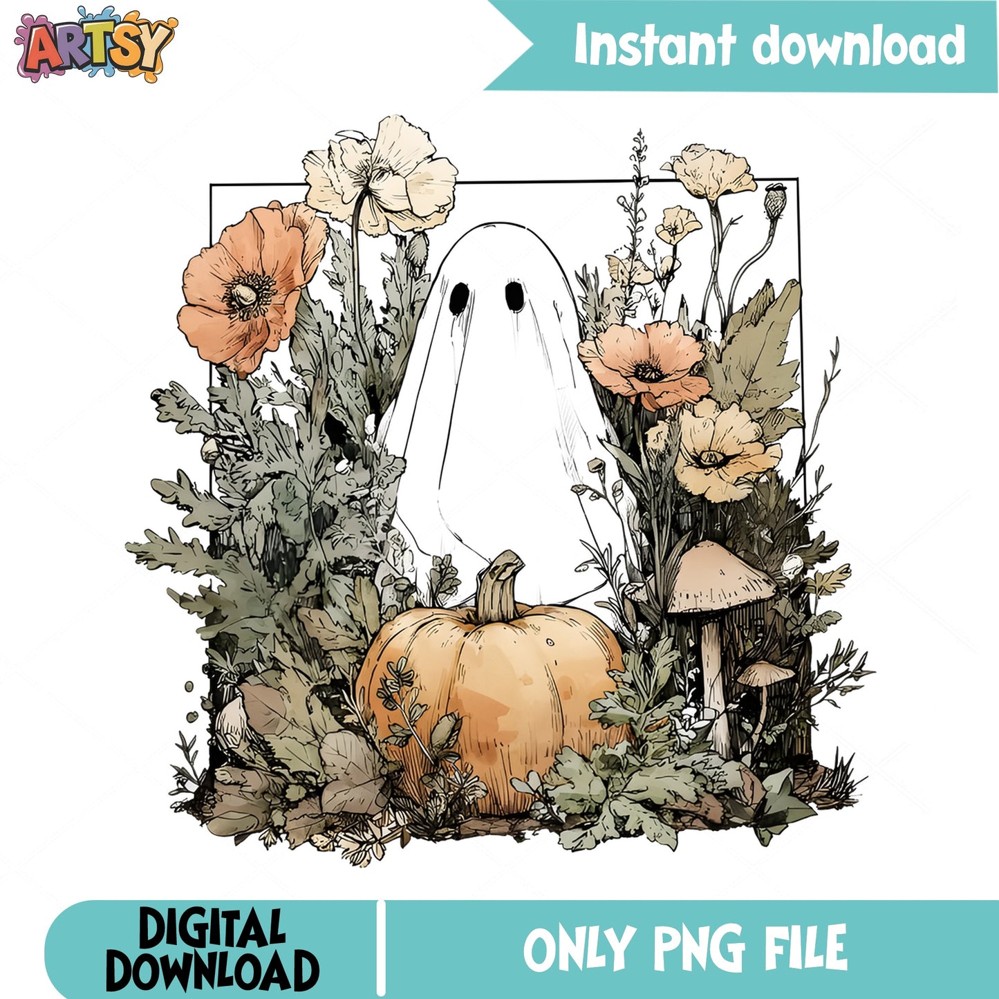 Floral Ghost Pumpkin Halloween PNG, Boho Ghost PNG, Wildflower Fall PNG