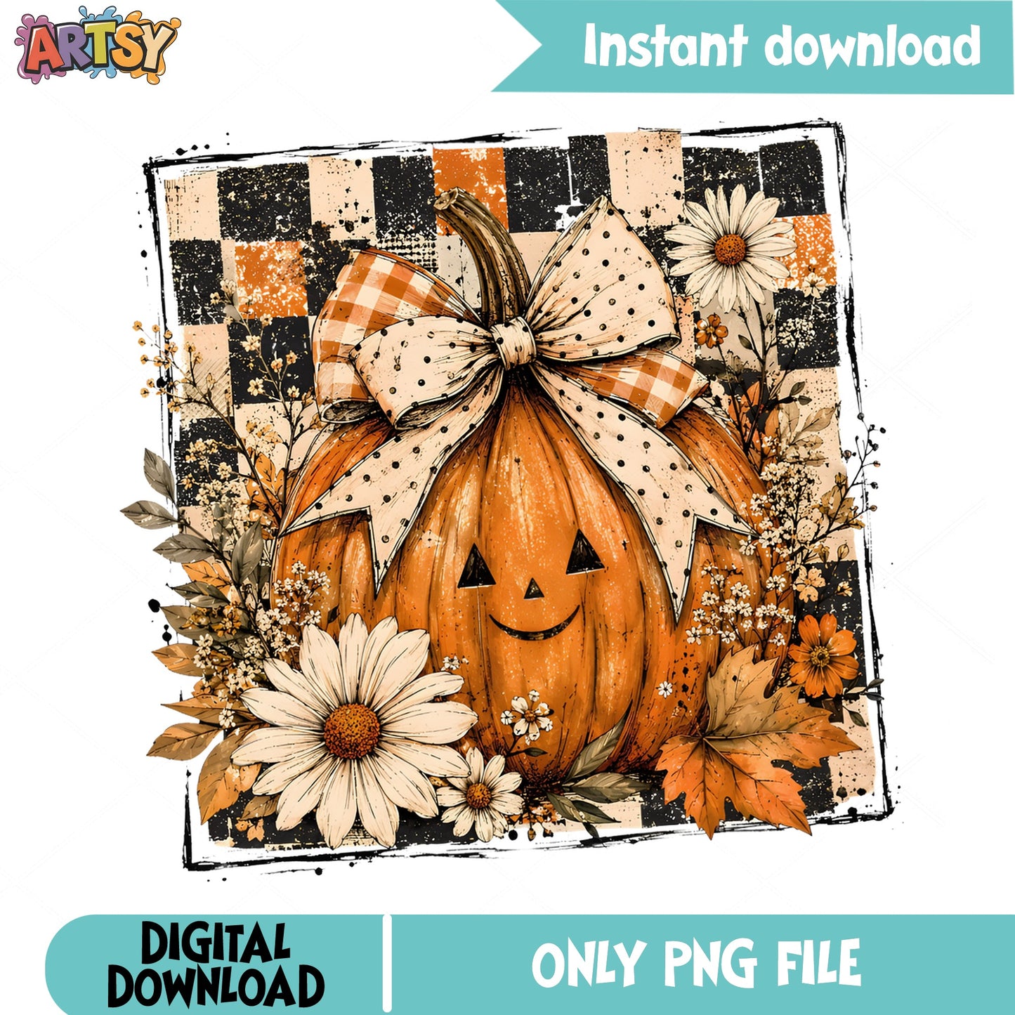 Floral Halloween Pumpkin PNG, Jack O Lantern Bow PNG, Fall PNG