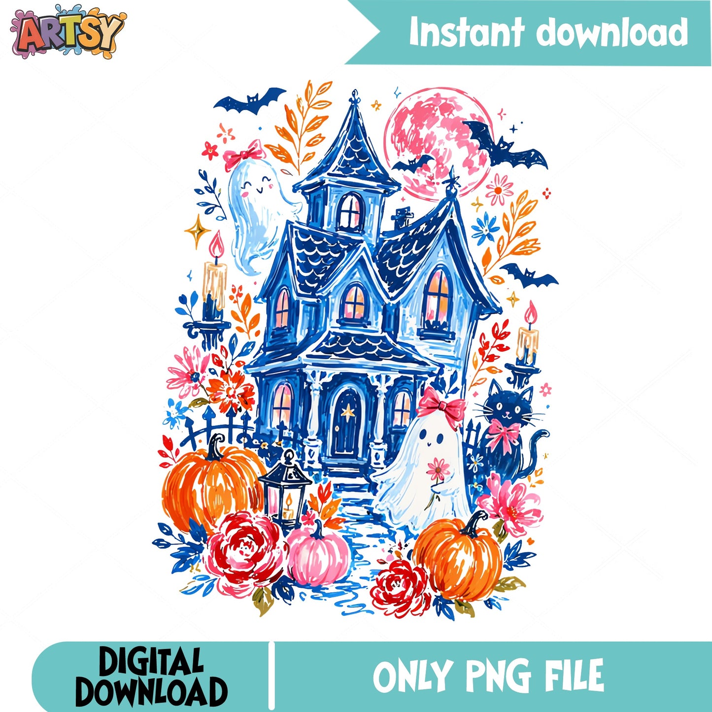 Floral Haunted House Halloween PNG, Ghost Pumpkin PNG, Spooky PNG