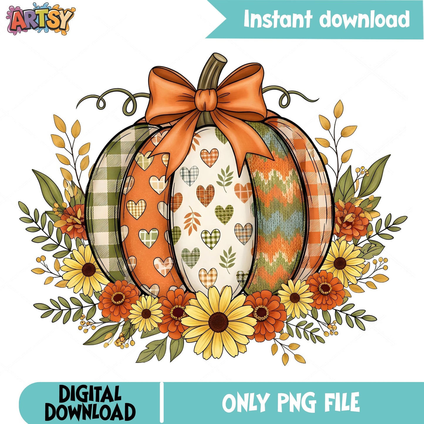 Floral Pumpkin PNG, Fall Autumn Sublimation, Thanksgiving PNG