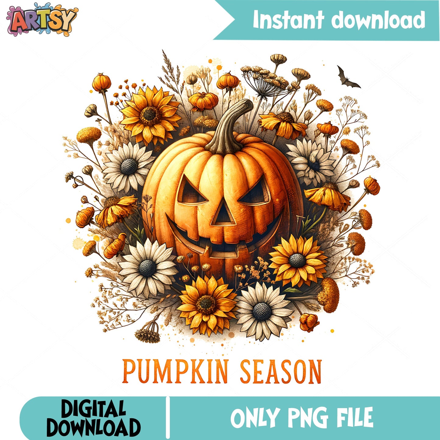 Floral Pumpkin Season PNG, Halloween Jack O Lantern PNG, Fall PNG