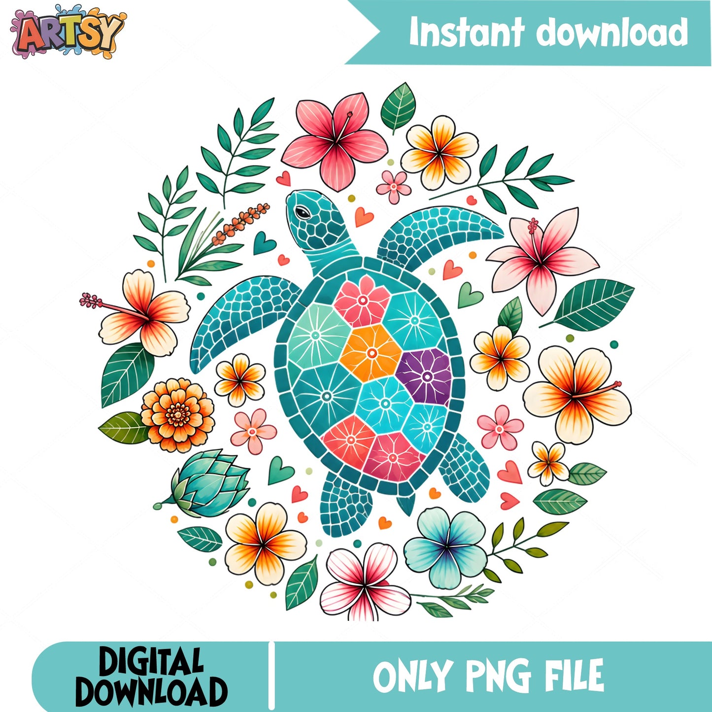 Floral Sea Turtle PNG, Colorful Turtle Clipart, Tropical PNG