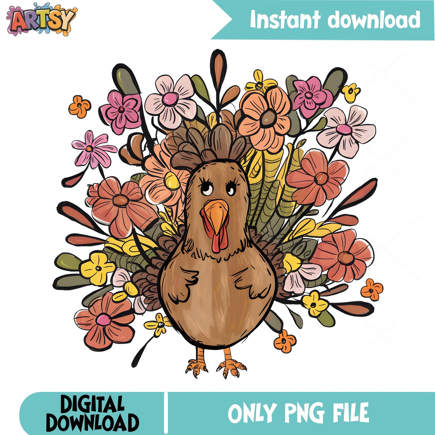Floral Turkey Thanksgiving PNG, Cute Turkey PNG, Fall PNG