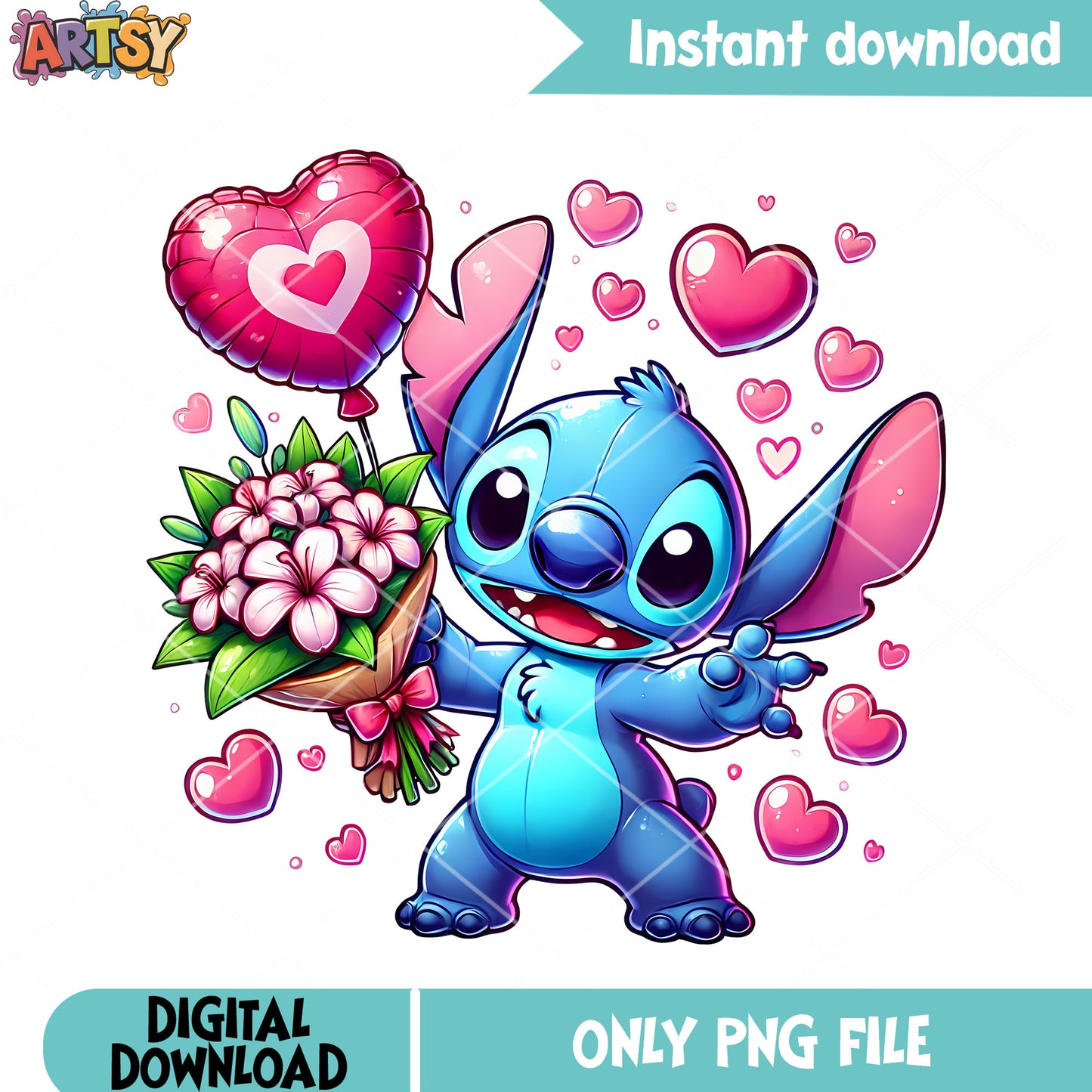 Flower stitch valentine png, disney valentine png, stitch png