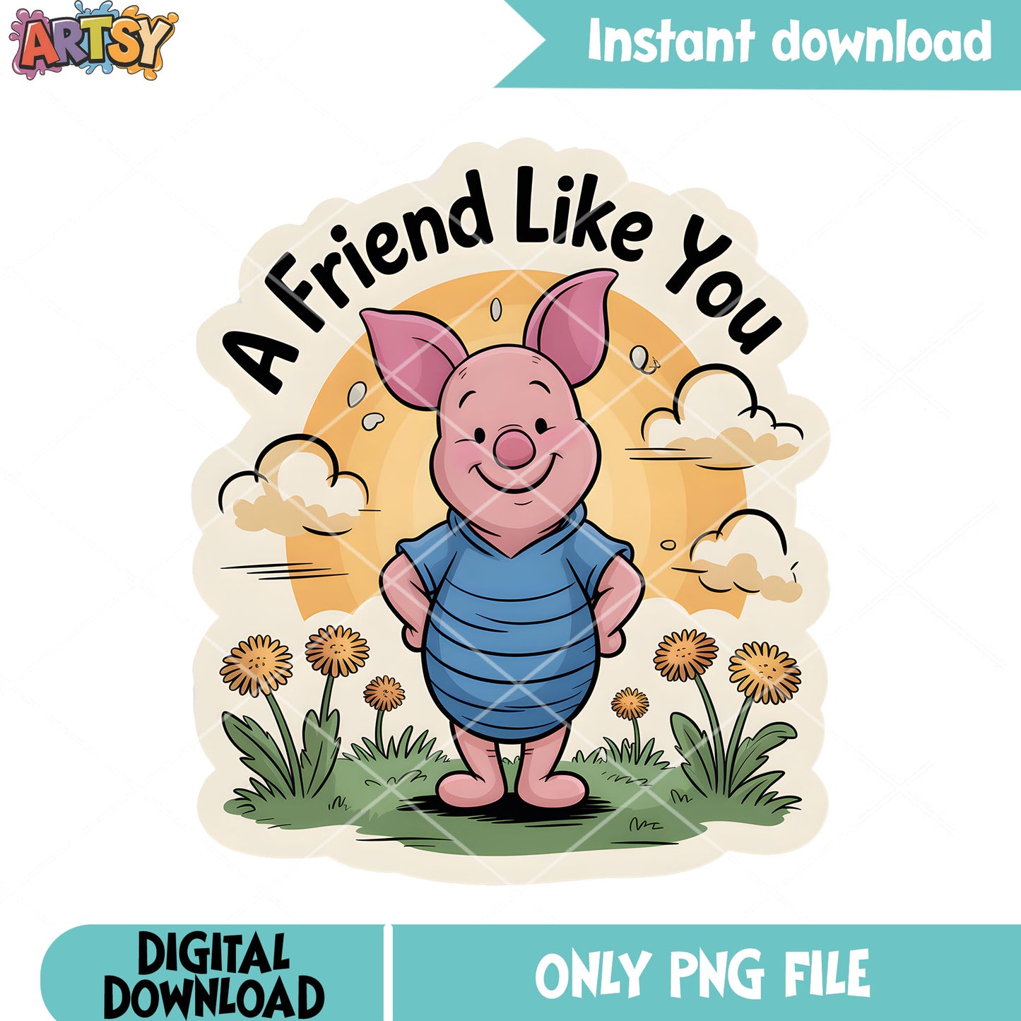 Flower sunset piglet sticker png, pooh friends png, disney piglet png
