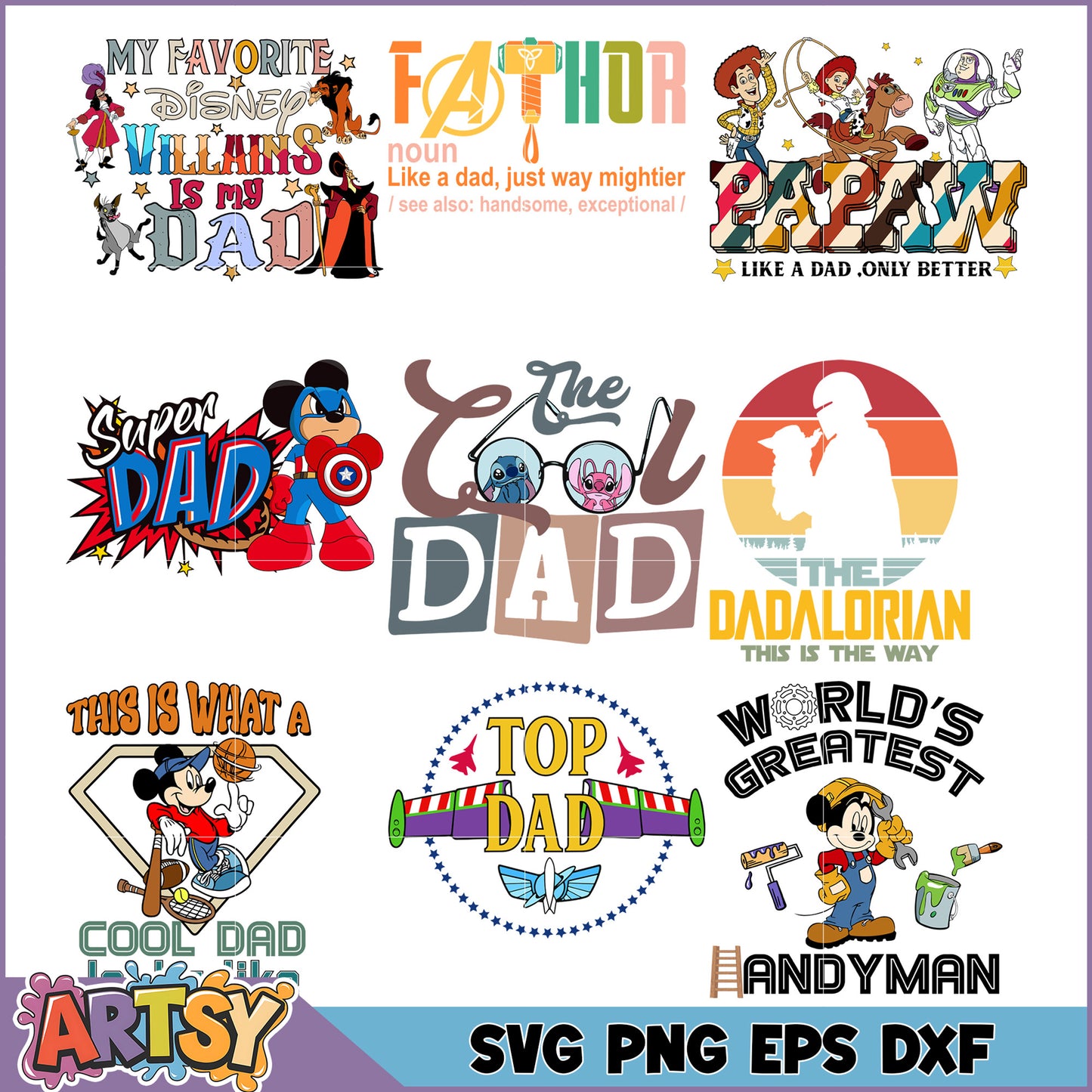 Fun SVG Bundle of Cool Dad Quotes and Disney Inspired Designs