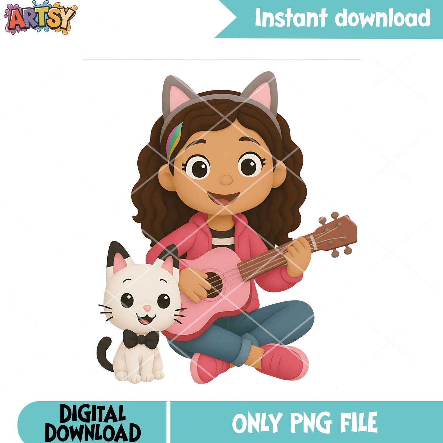 Gabby play guitar png, gabby dollhouse png, cute kitten png