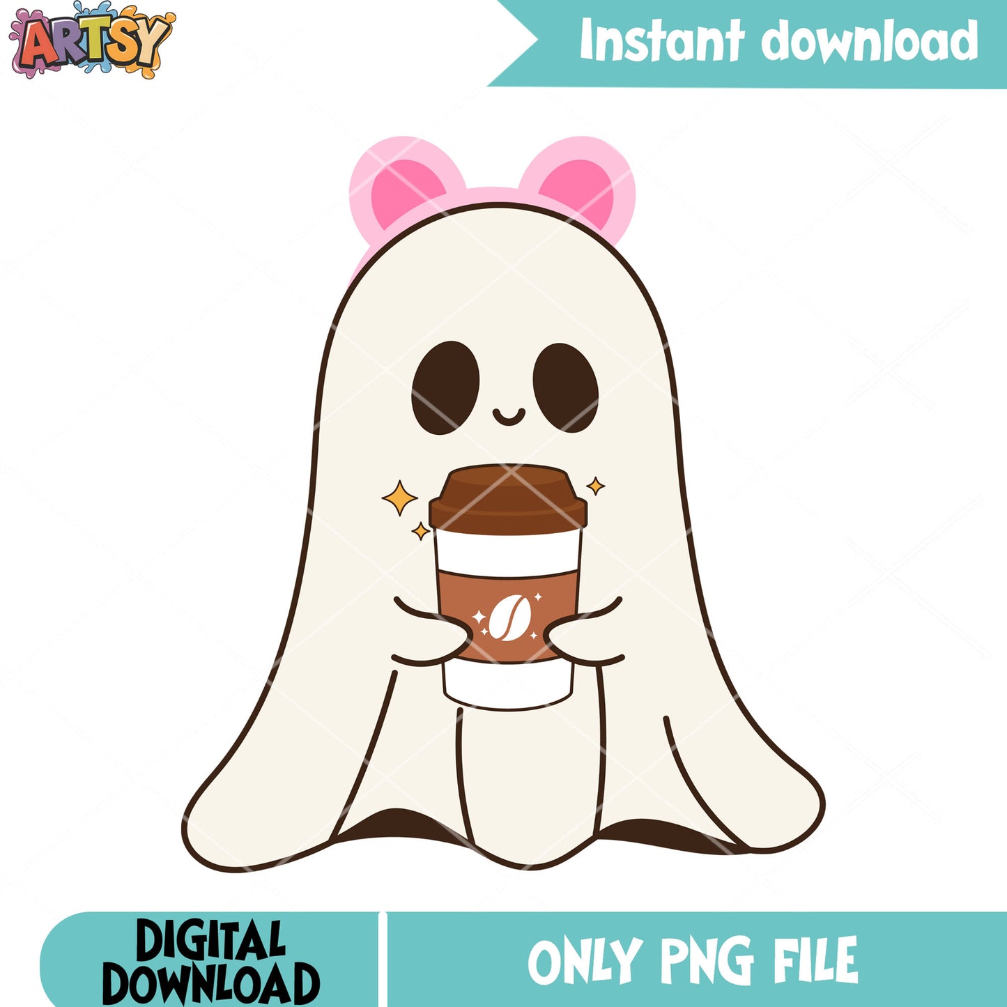 Ghost baby hot coffee png, pink notch png, scary night png