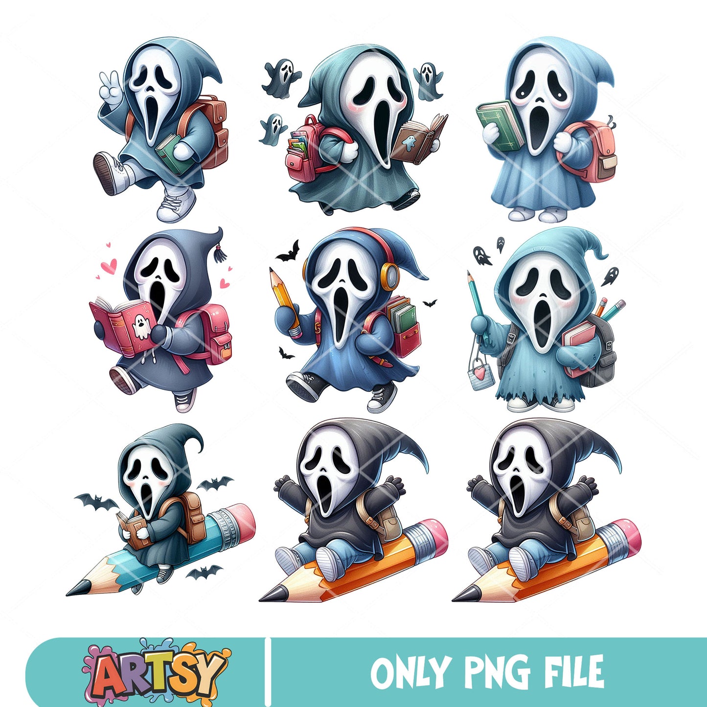 Ghostface school cute png bundle, scream chibi png, halloween kid png