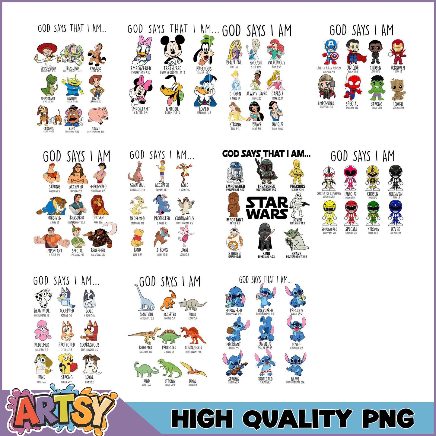 God Says I Am PNG Bundle Disney, Marvel, More