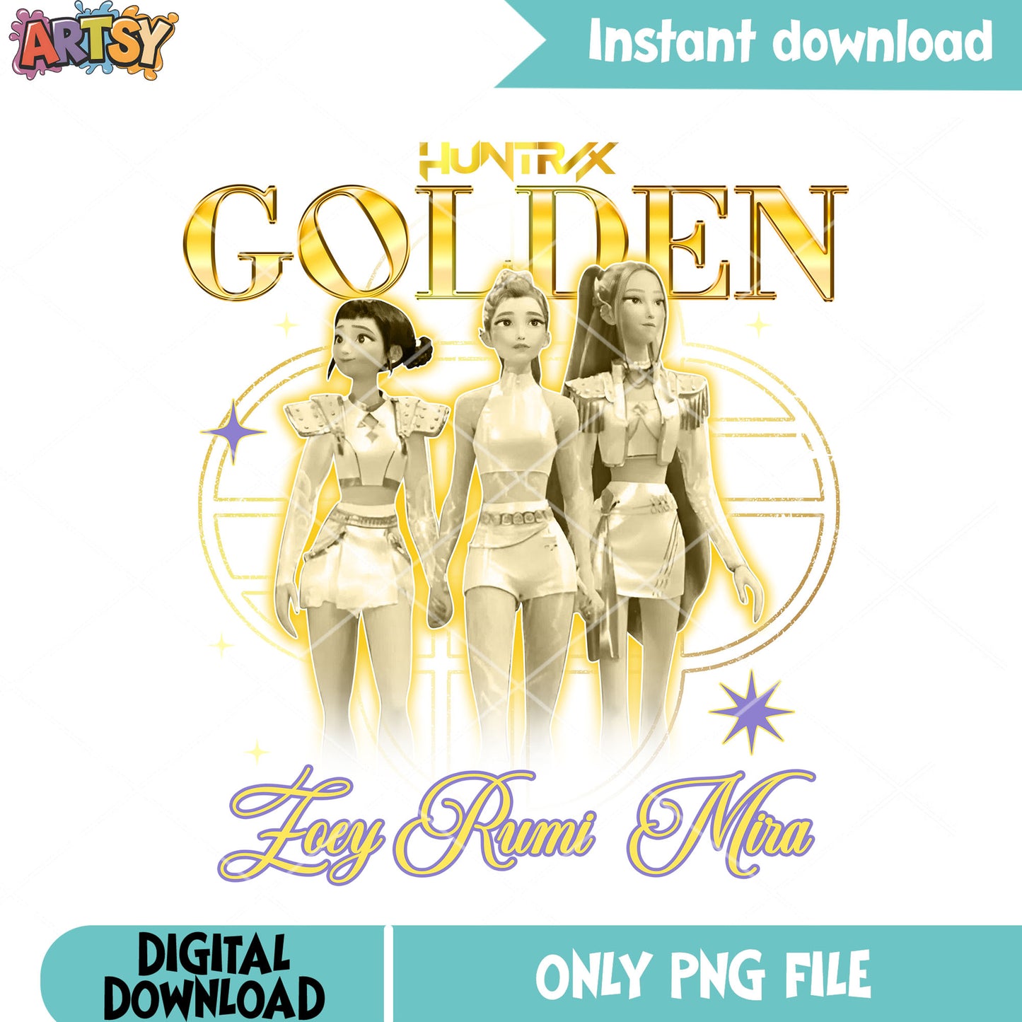 Golden aura zoey rumi mira png, kpop demon hunters png, Huntrix girls png