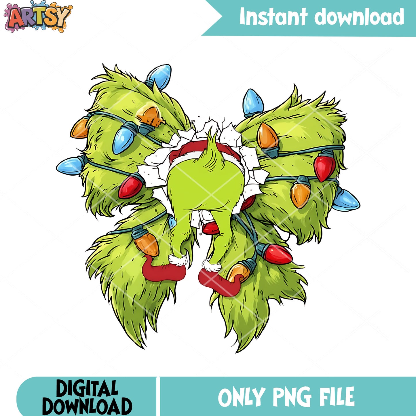 Green monster christmas png, christmas stringlight png, grinch png