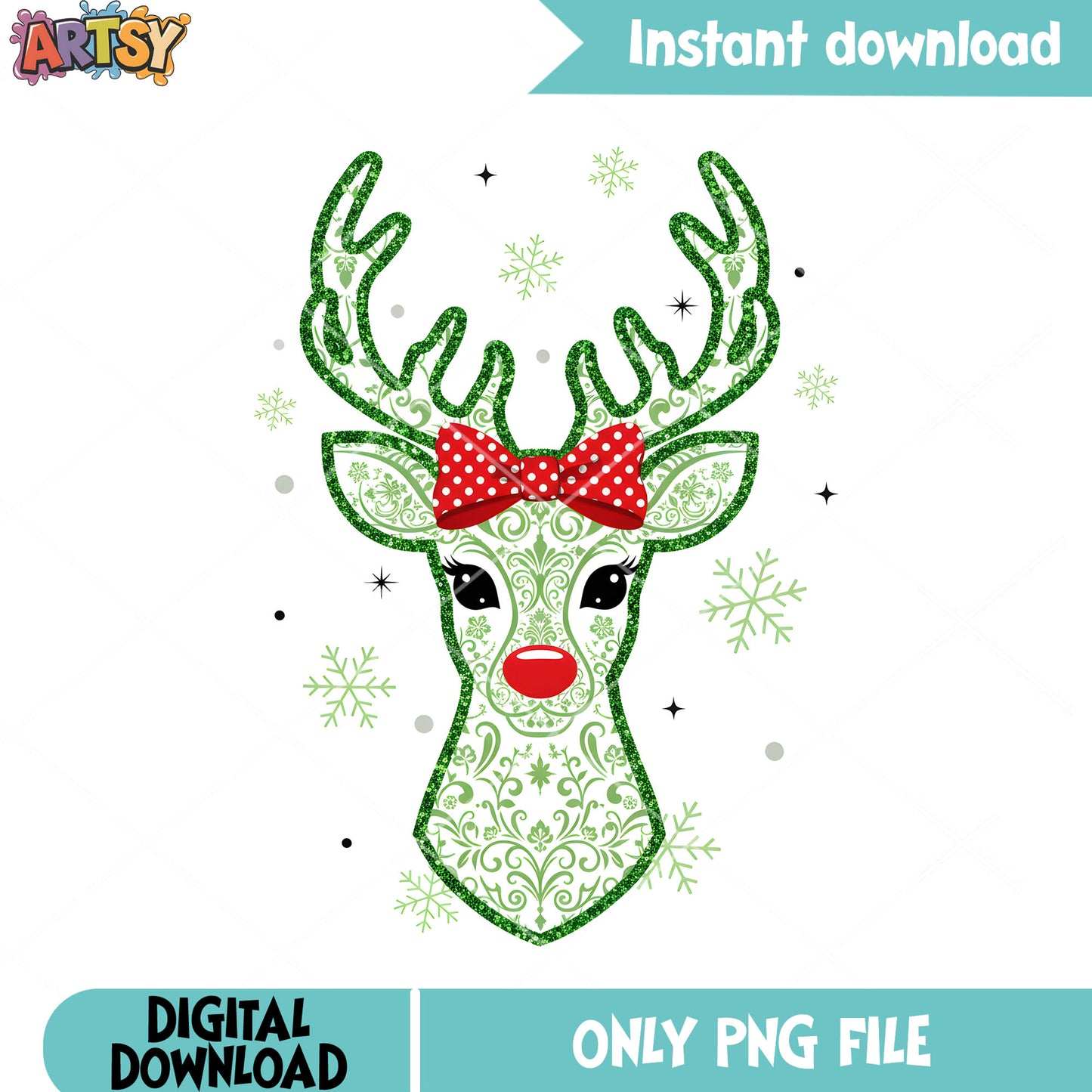 Green reidneer snowflake png, red nose png, red bow tie png