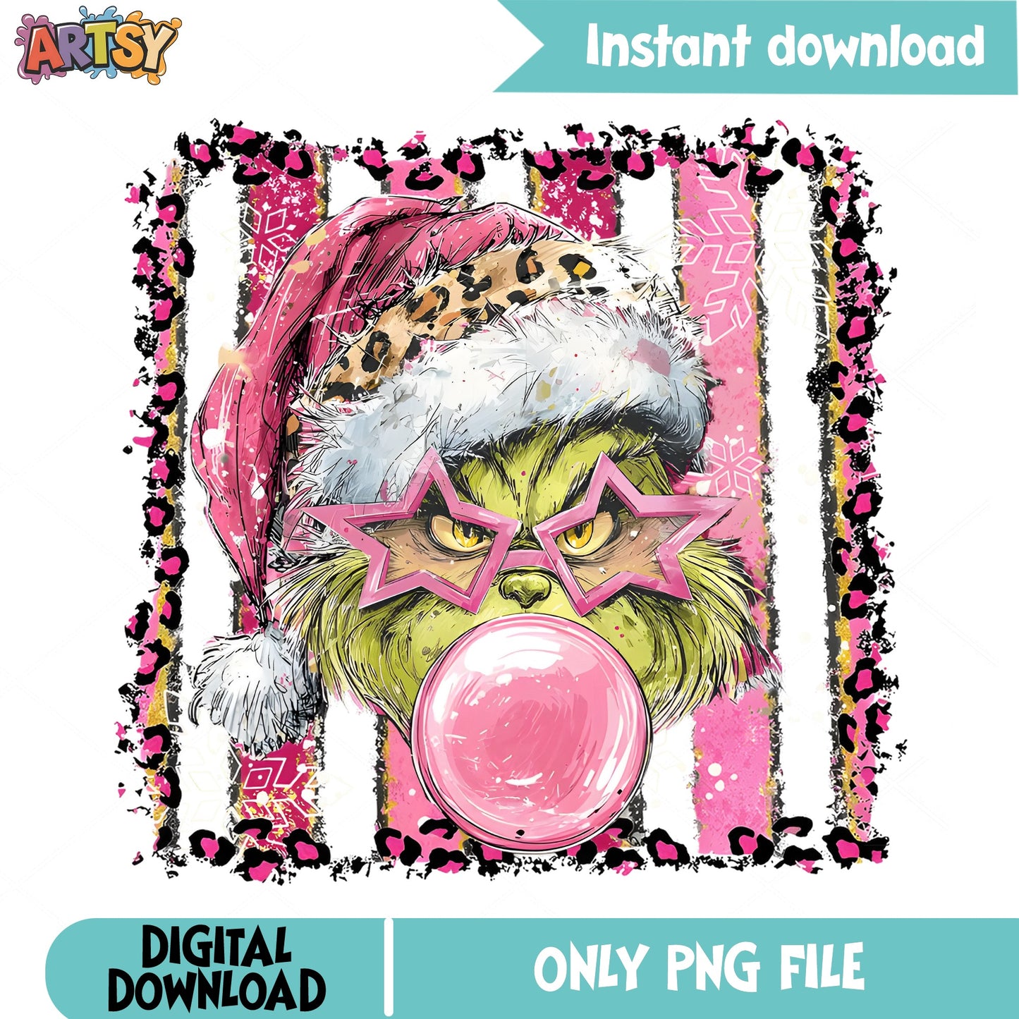 Grinch Pink Bubblegum Leopard Christmas PNG, Grinch PNG, Christmas PNG