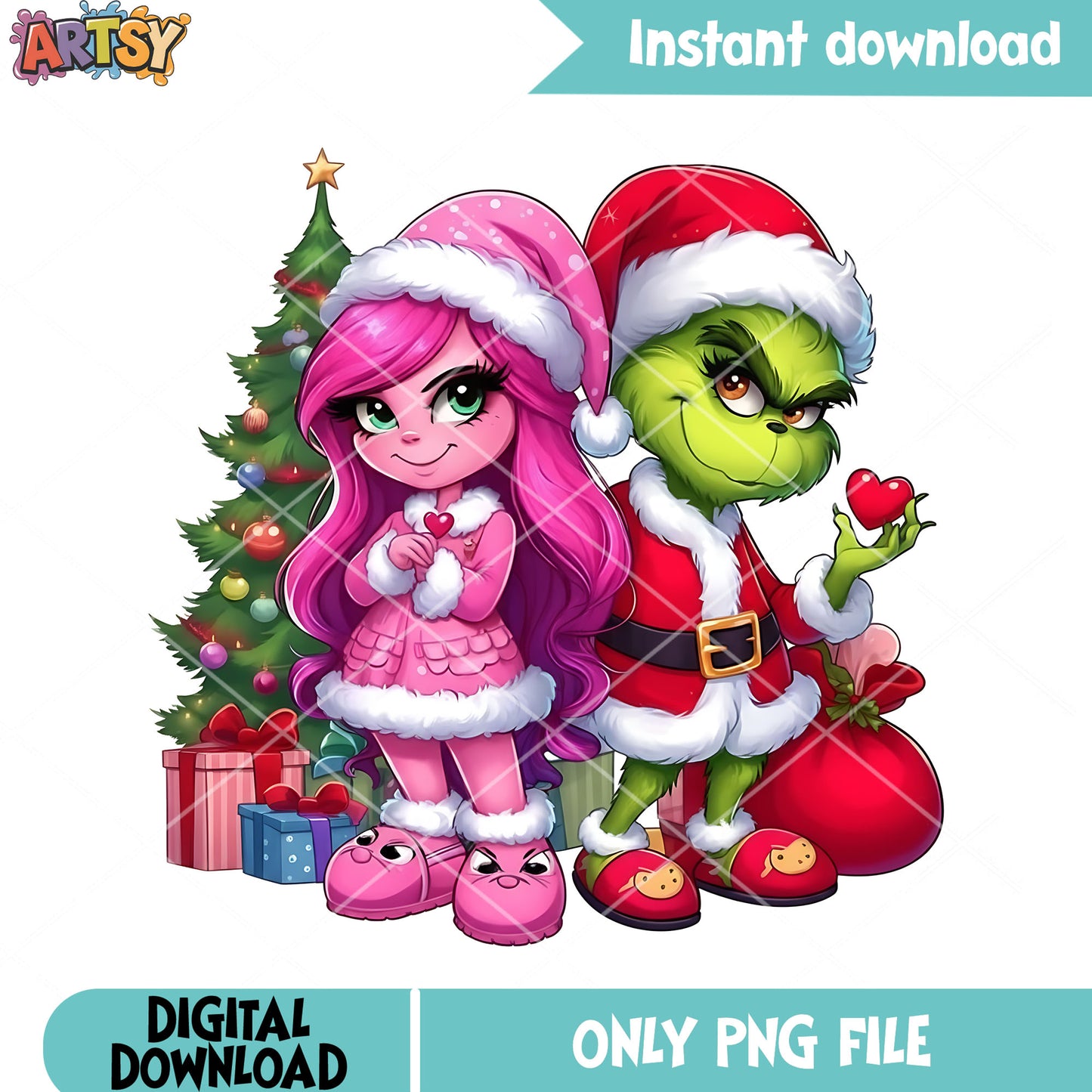 Grinch and the pink girl png, merry christmas png, christmas gifts png