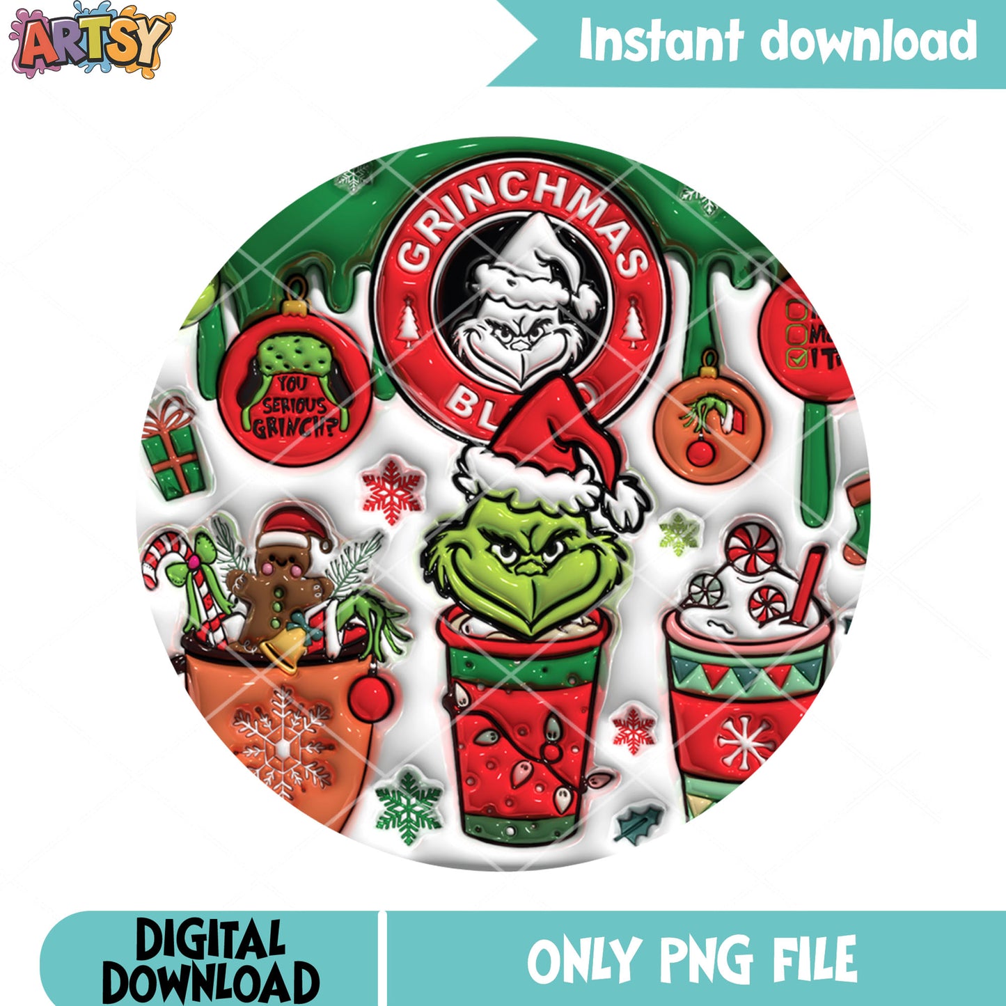Grinch face christmas png, mug christmas circle png, green elf png
