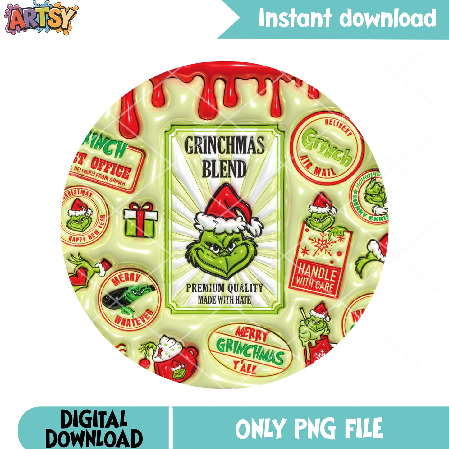Grinchmas blend coffee png, glossy inflated png, grinch sticker png