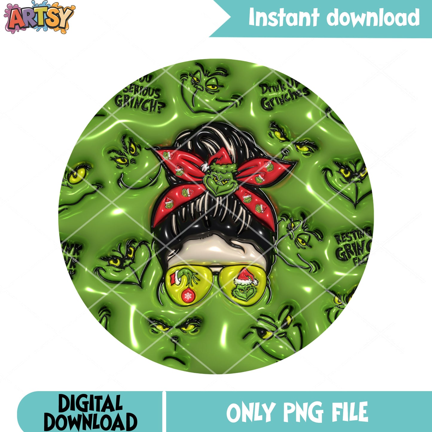 Grinch messy bun resting png, grinch mom png, bun green monster png