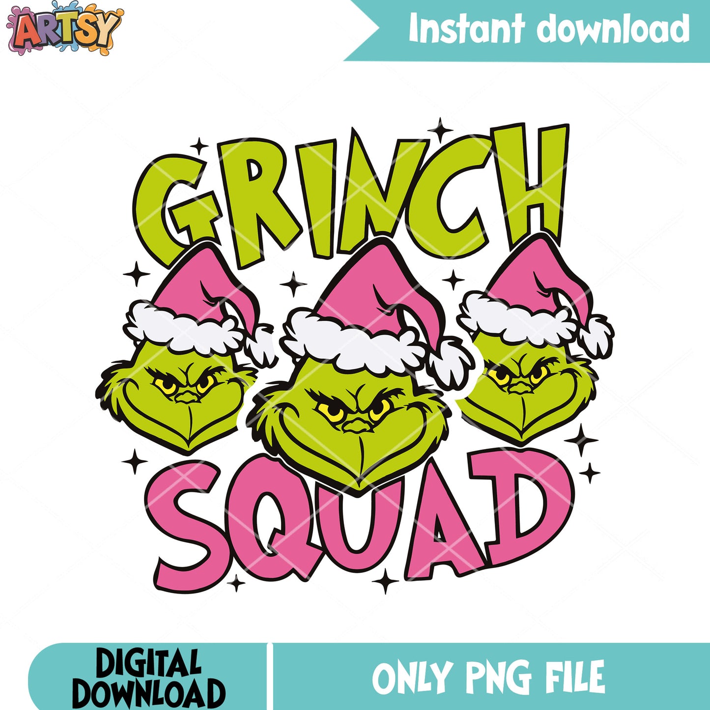 Grinch star decor funny png, pink hat png, three grinch santa png