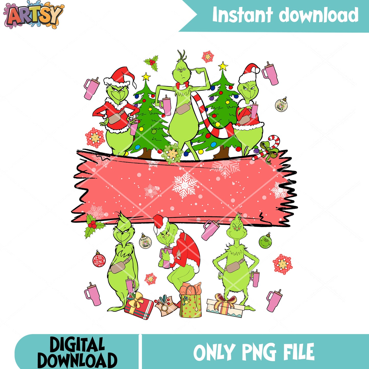 Grinch stole my christmas png, christmas gifts png, christmas tree png