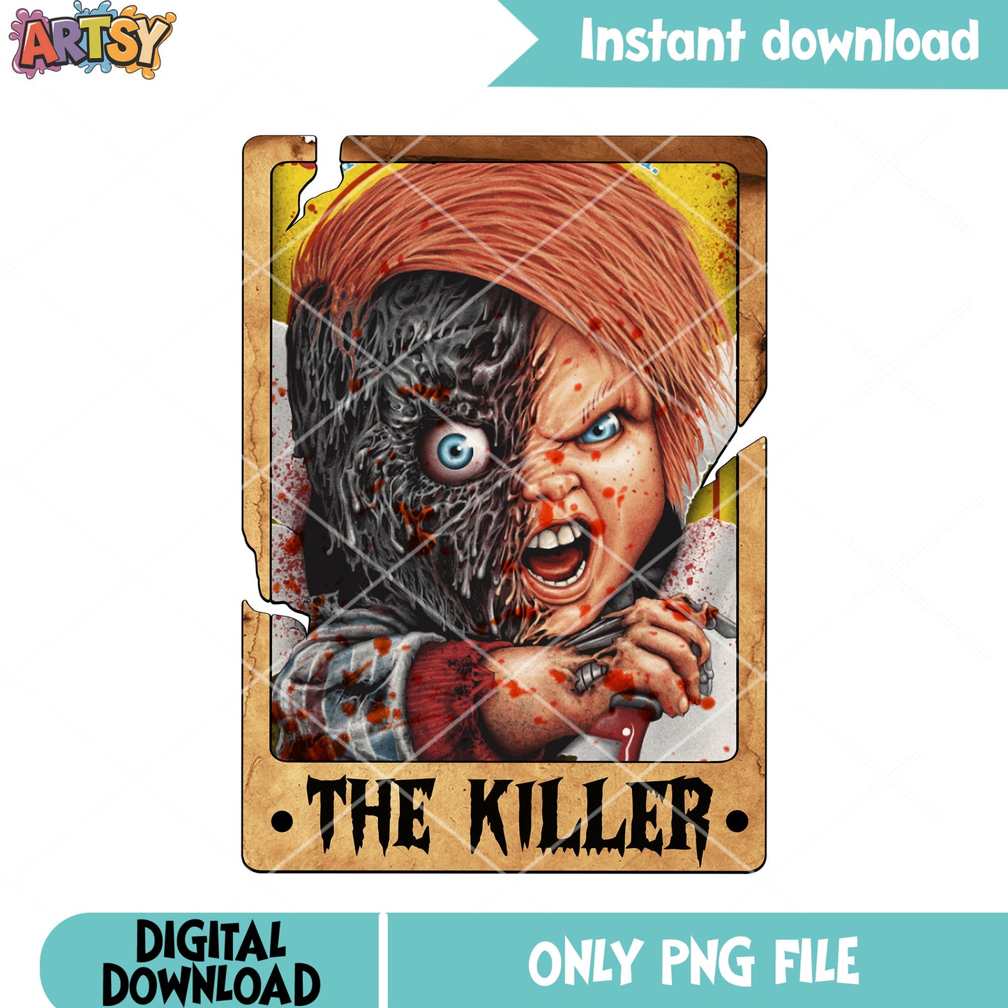 HAlf face rotten bloody doll png, chucky png, childs play movies png