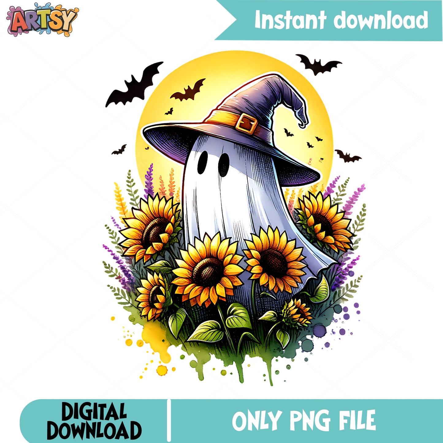 Halloween Ghost Witch Sunflower PNG, Spooky Ghost PNG, Halloween PNG