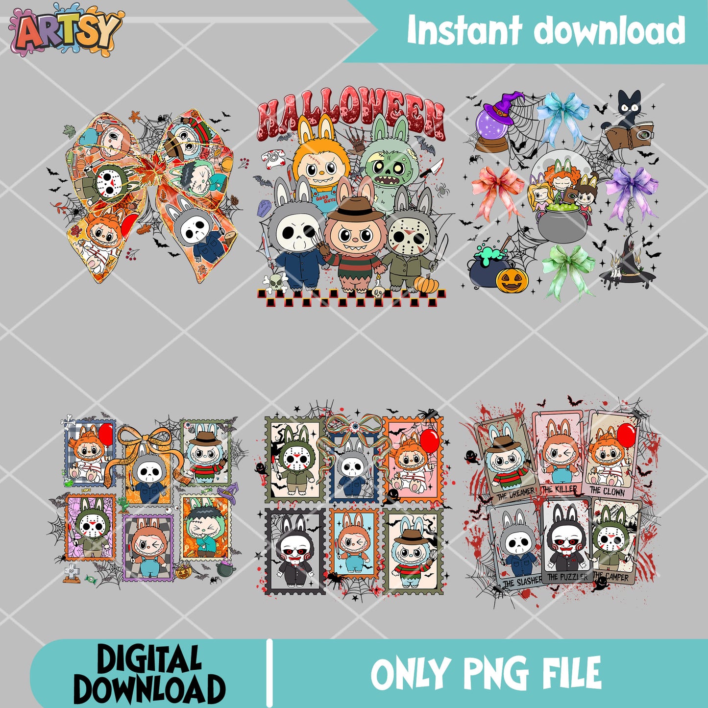 Halloween horror labubu png bundle, horror movies halloween png