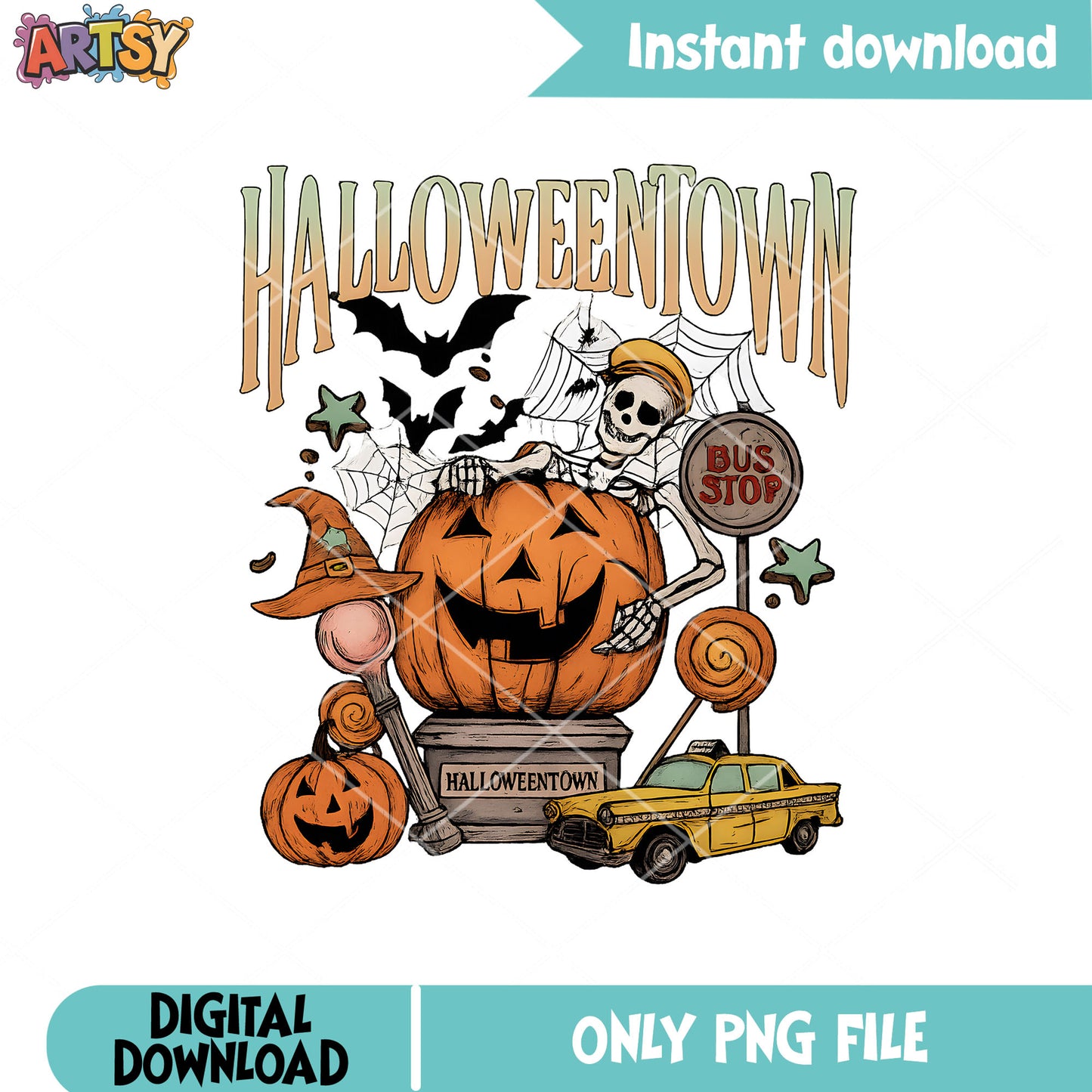 Halloween town design png, pumpkin halloween png, skeleton pumpkin png