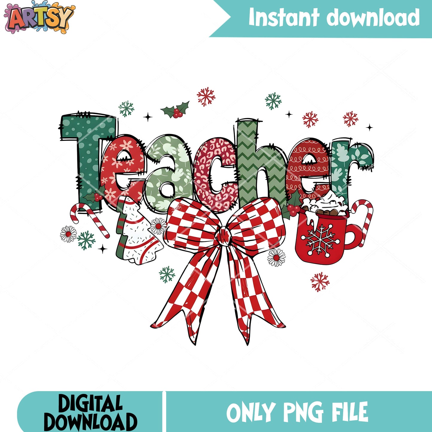 Happy christmas teacher png, red bow tie png, snowflake png