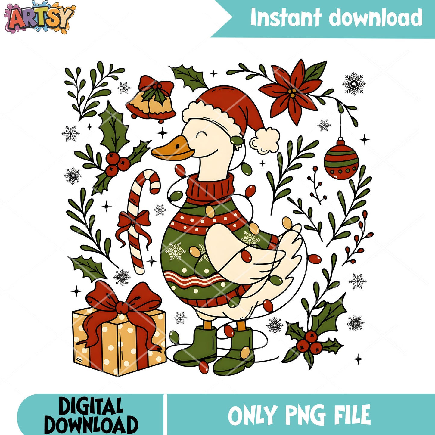 Happy goose png, santa claus hat png, christmas gift png