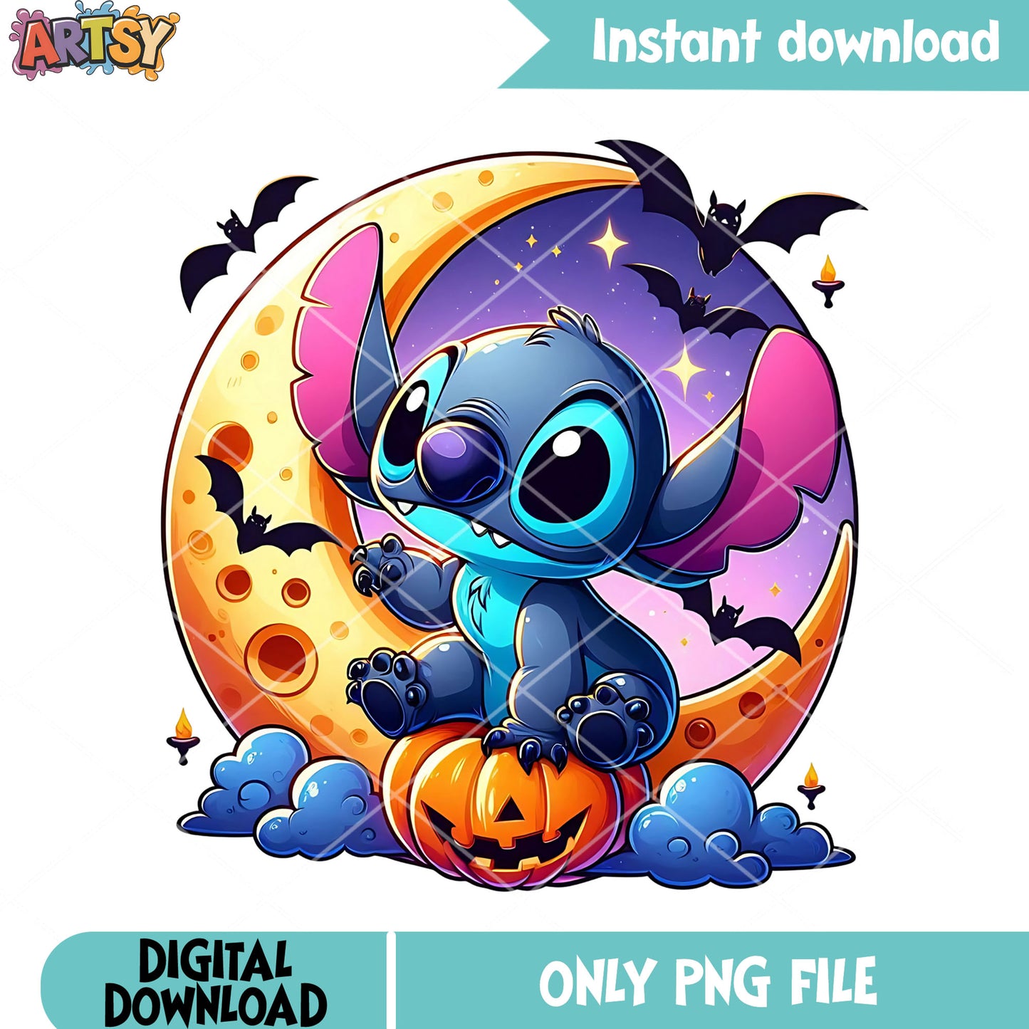 Happy stitch halloween png, cresent moon png, scary bats png