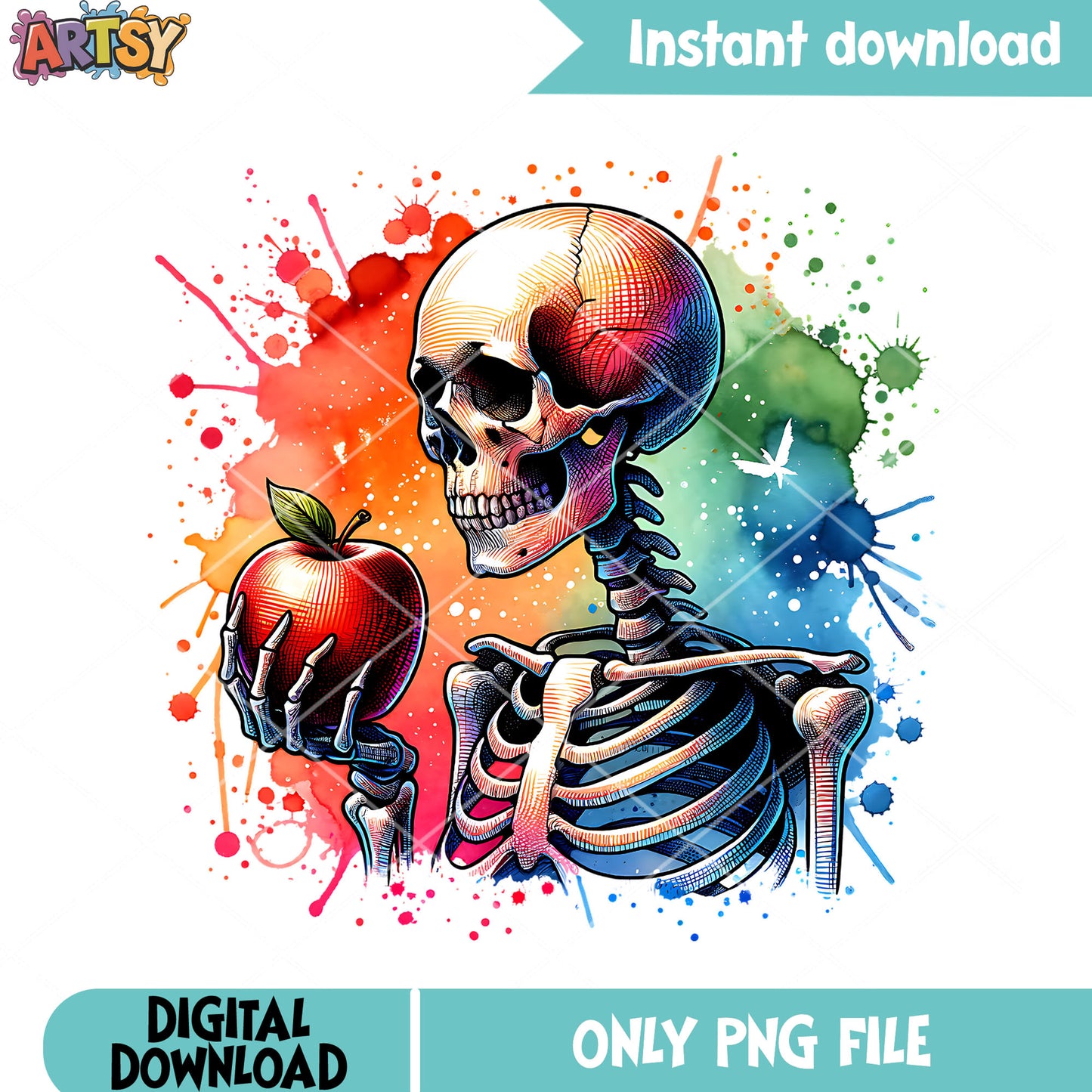 Healthy skeleton png, big apple png, scary halloween png