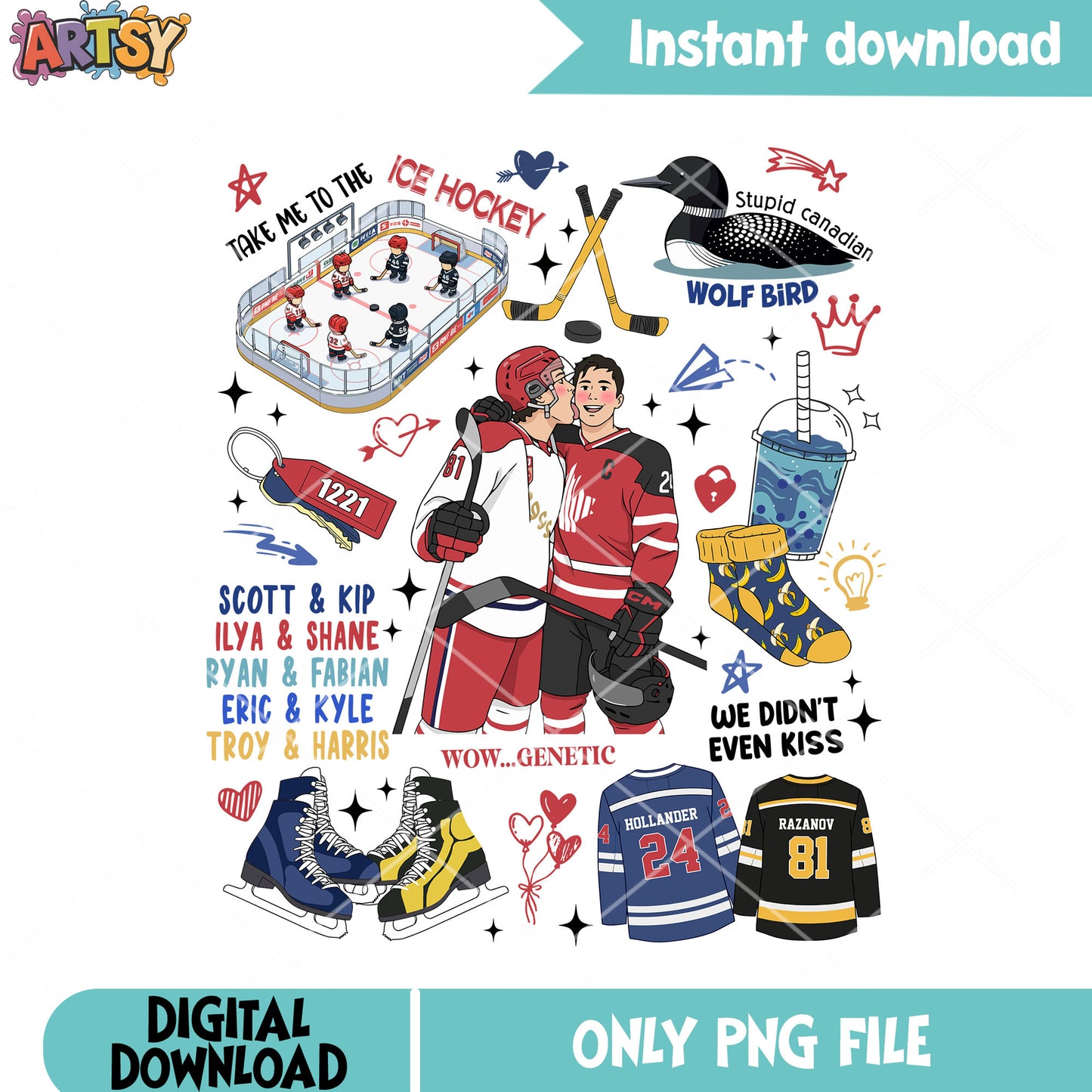Heated gay couple hockey png, hockey poster png, hollanov png