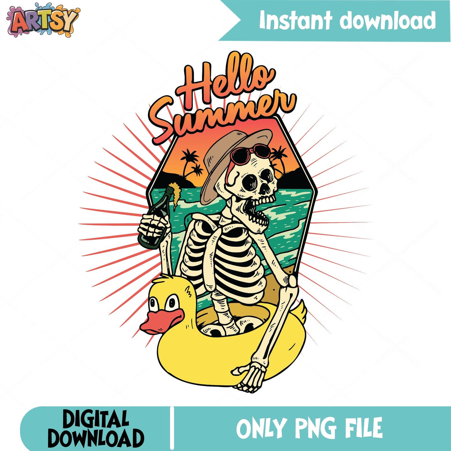 Hello Summer Skeleton PNG, Funny Skull Beach PNG, Summer PNG