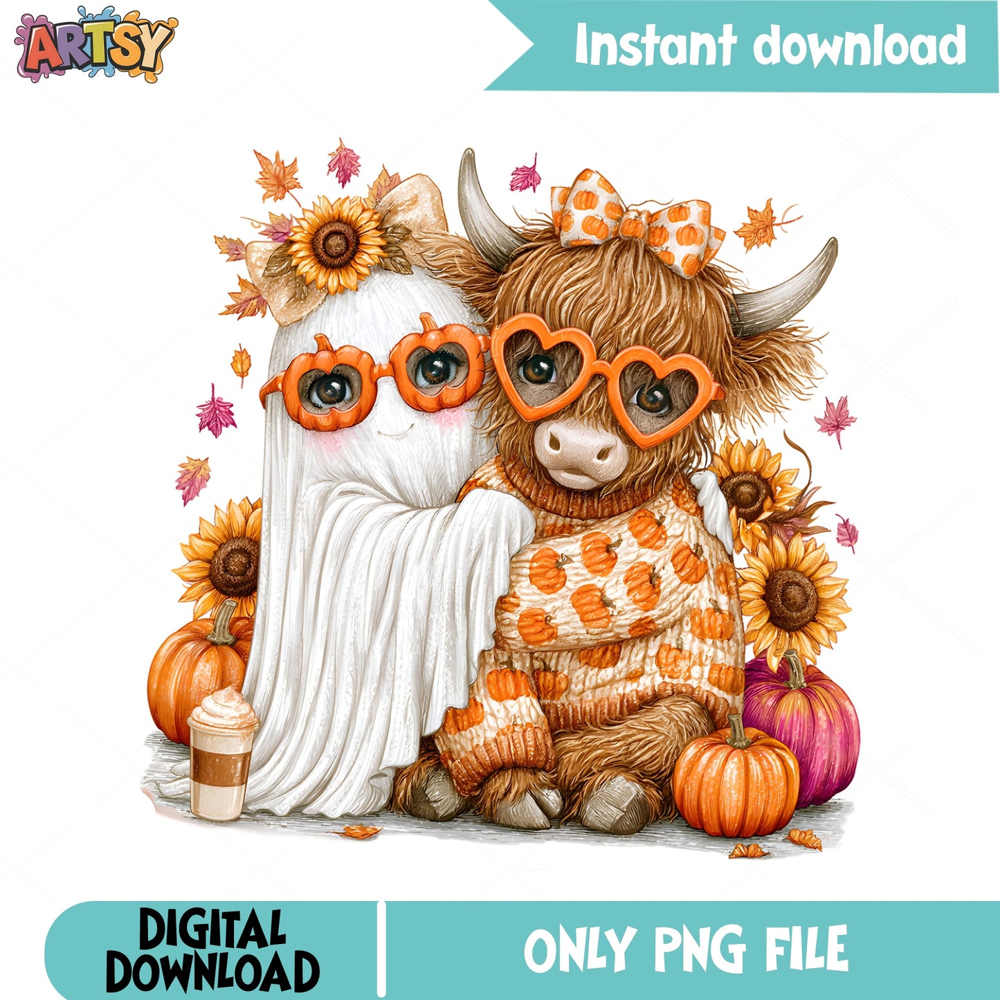 Highland Cow Ghost Halloween PNG, Fall Pumpkin PNG, Autumn PNG
