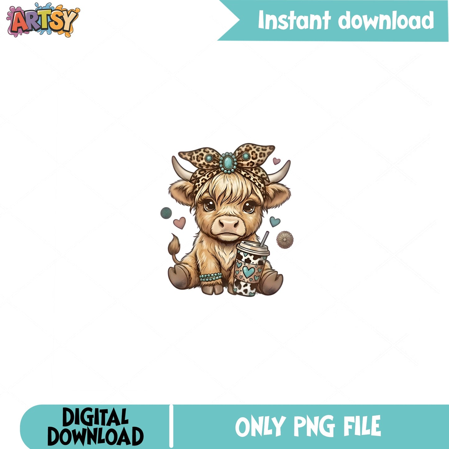 Highland Cow With Coffee Leopard Bandana PNG, Cute Cow PNG, Boho Cow PNG
