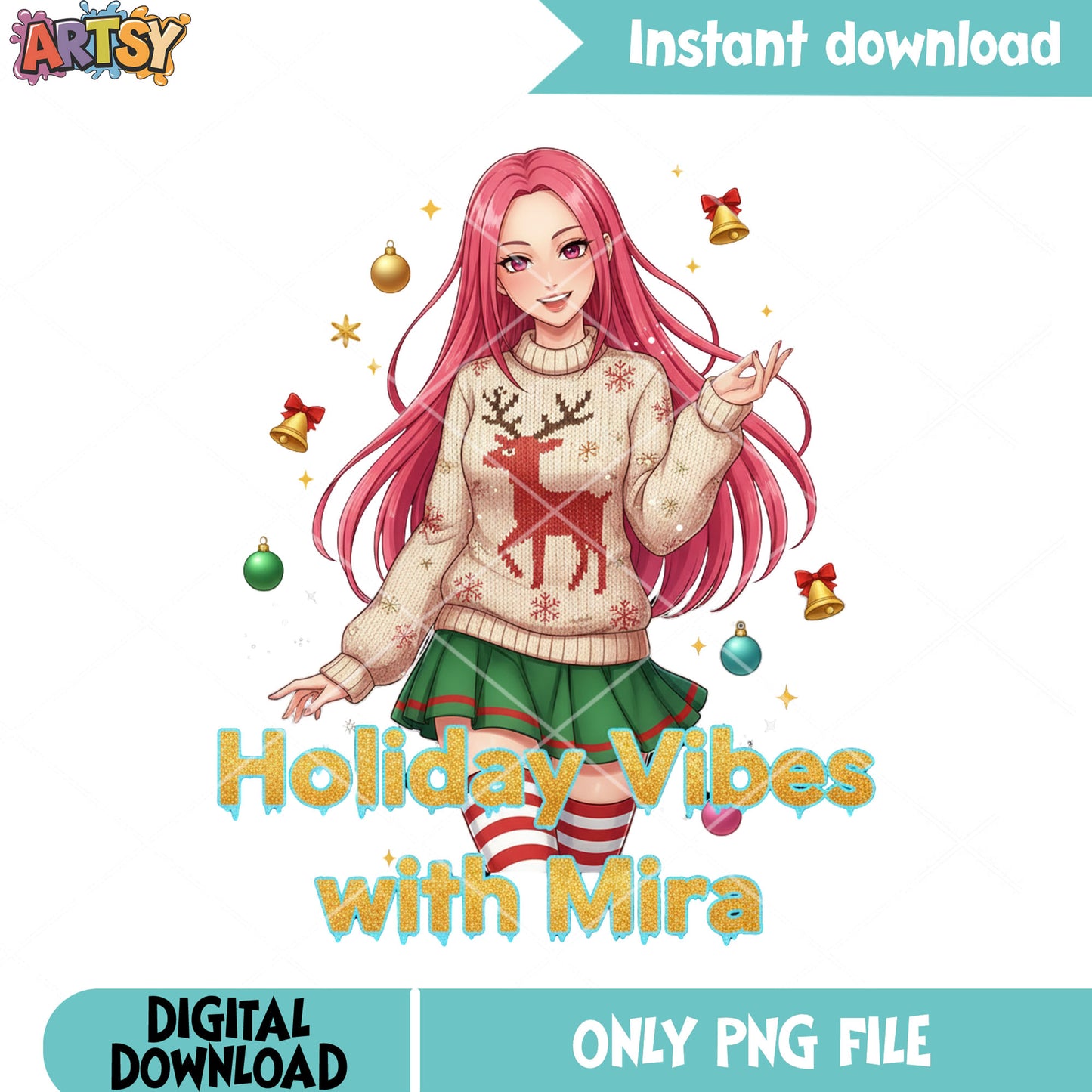 Holiday vibes with mira png, christmas sweater png, mira huntrix png