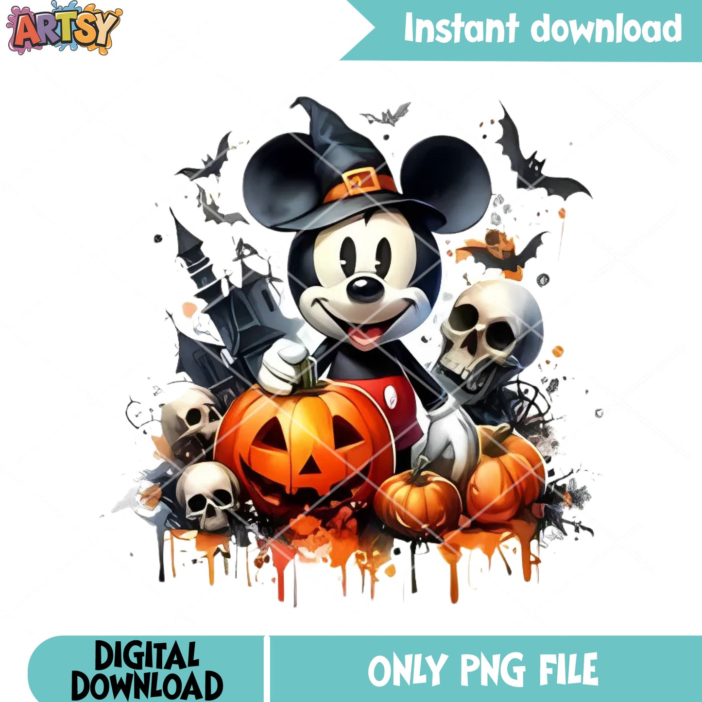 Horrific mickey and skull png, spooky castle png, jack o lantern png