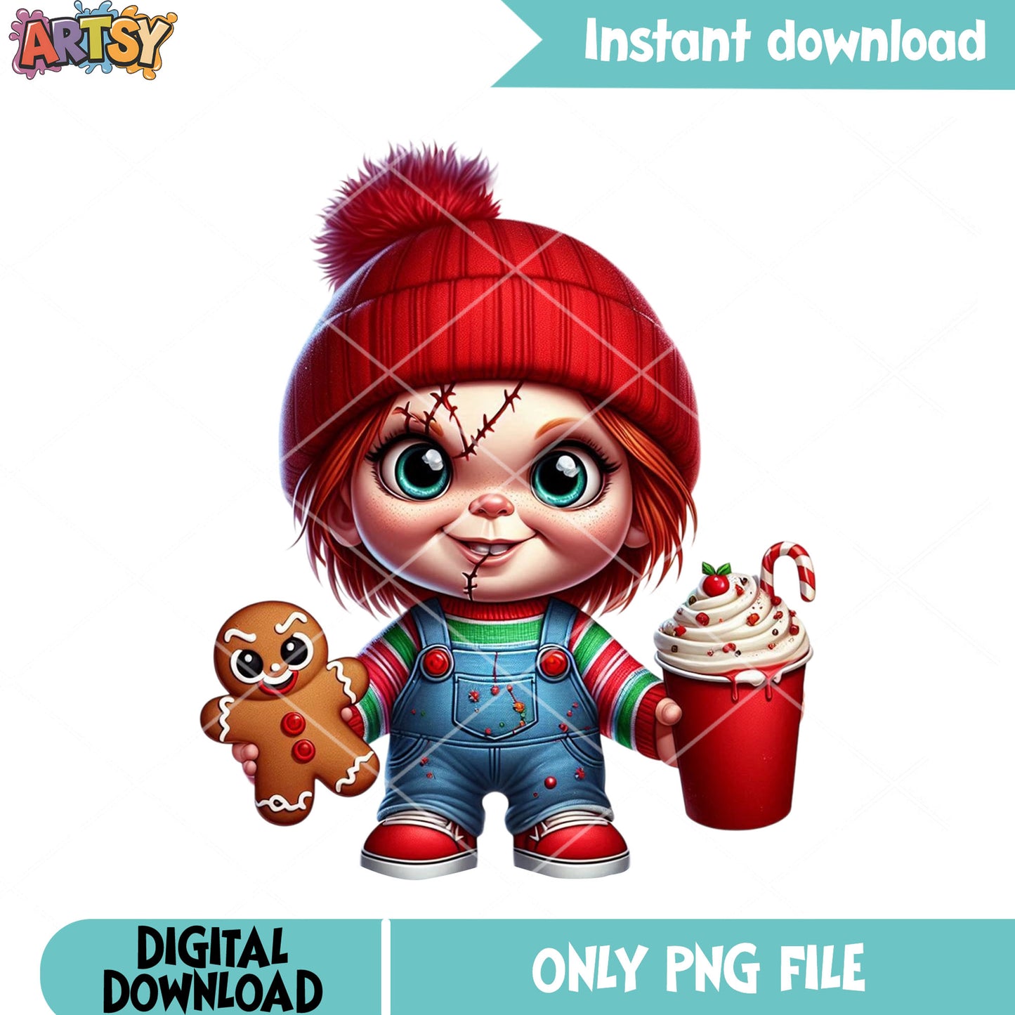 Horror character christmas png, chucky png, christmas coffee png