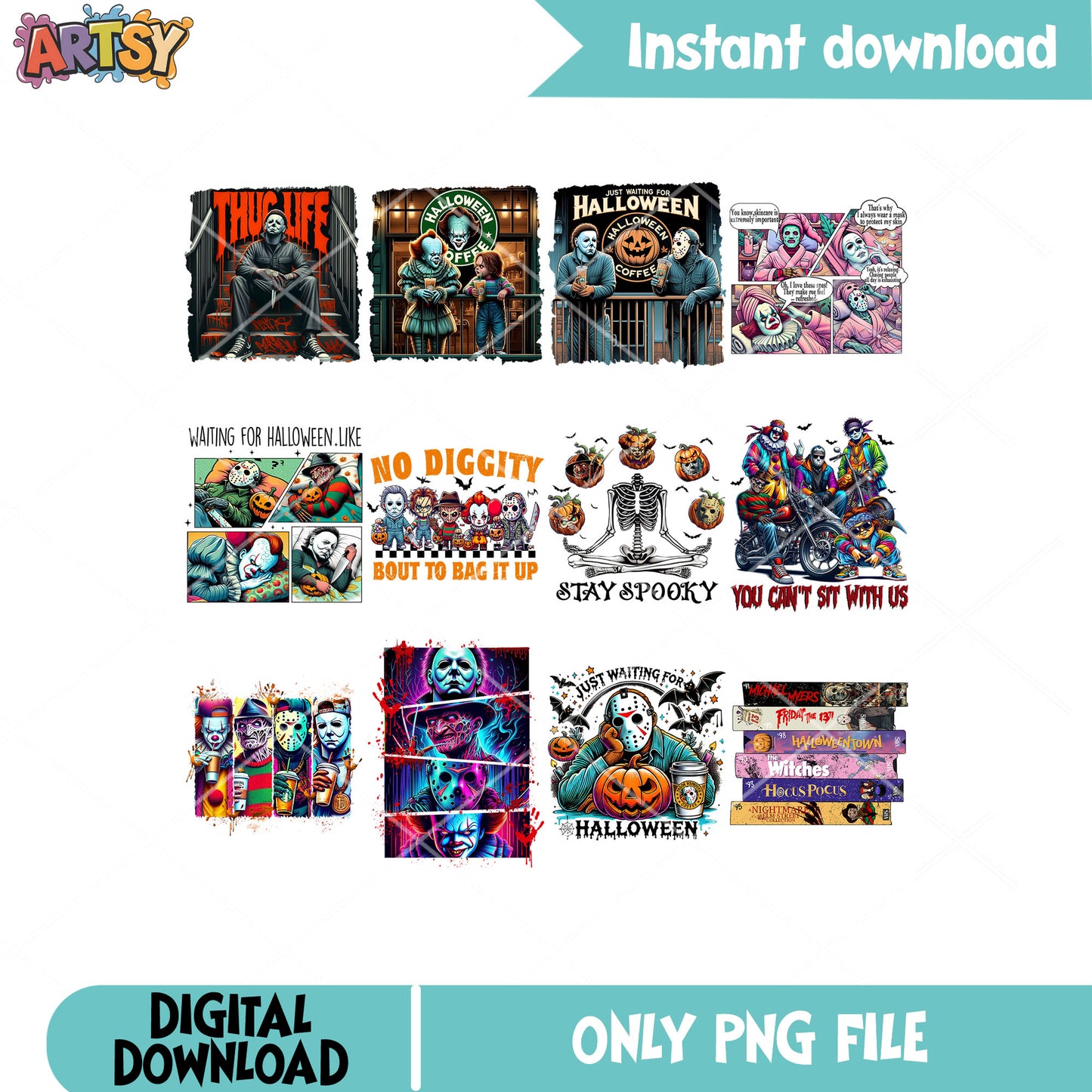 Horror halloween coffee png bundle, horror quotes png, horror movie png