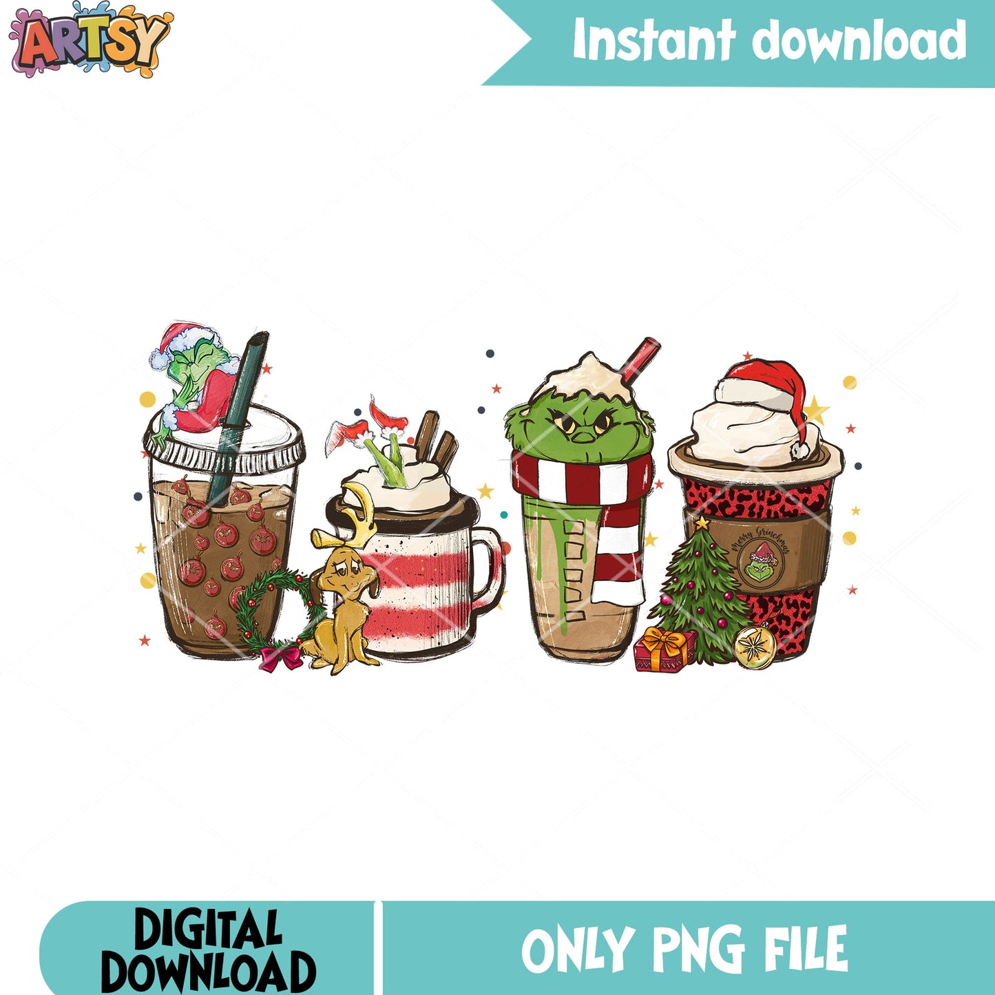 Hot chocolate christmas png, christmas tree png, max the dog png