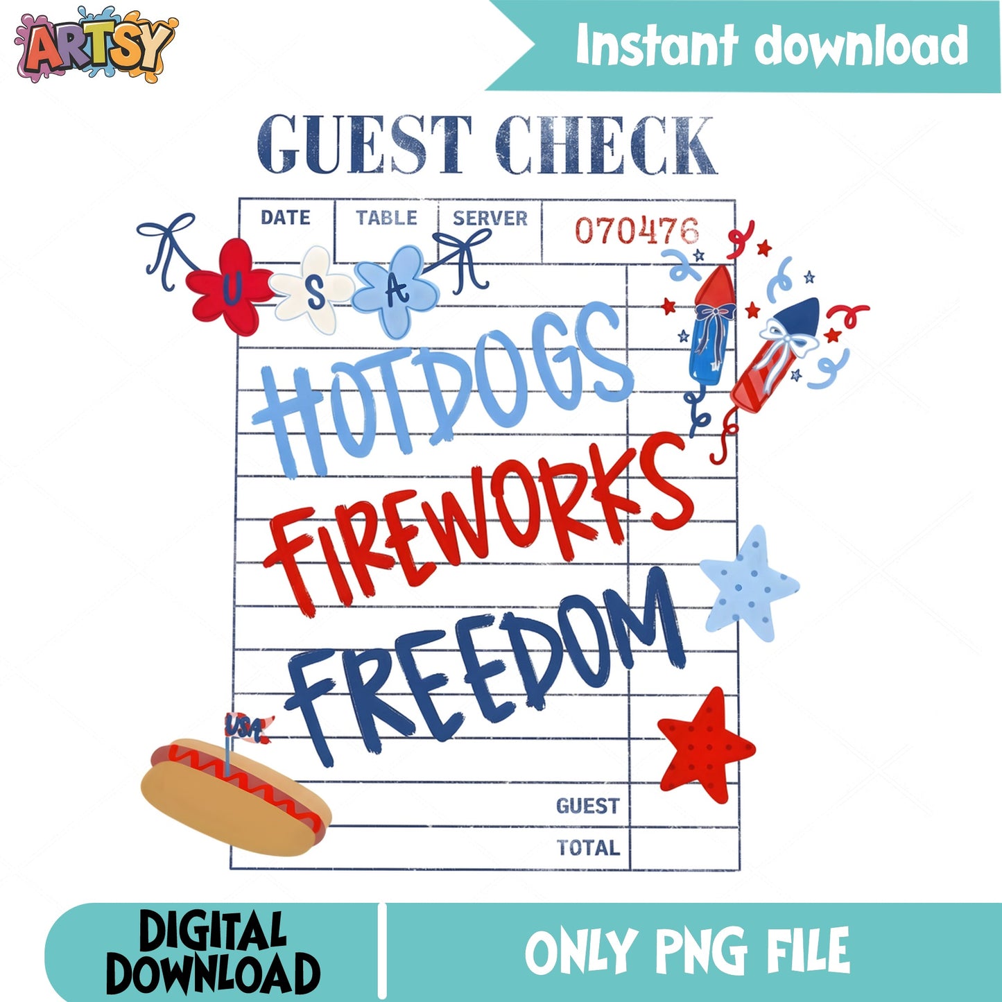 Hotdogs Fireworks Freedom Guest Check PNG, 4th Of July PNG, USA PNG