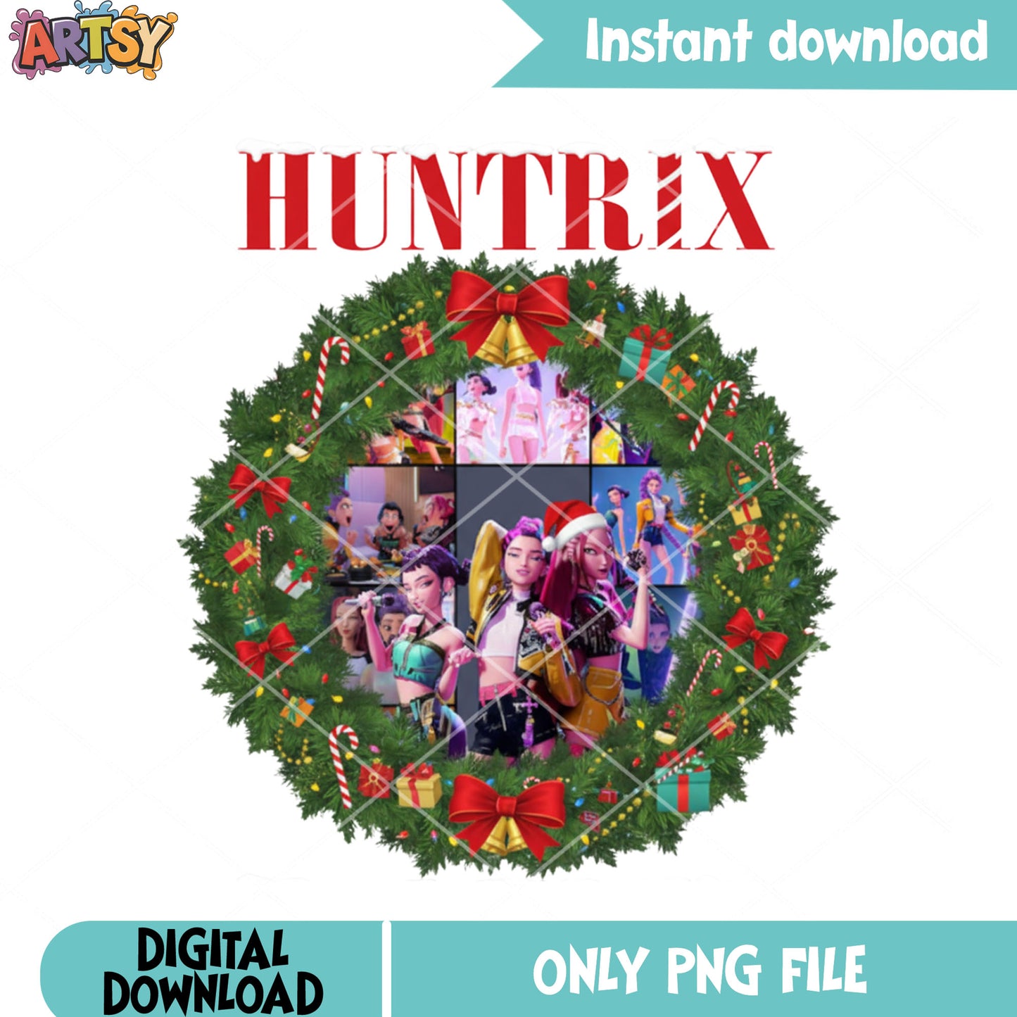 Huntrix christmas wreath png, santa hat png, kpop demon hunters png