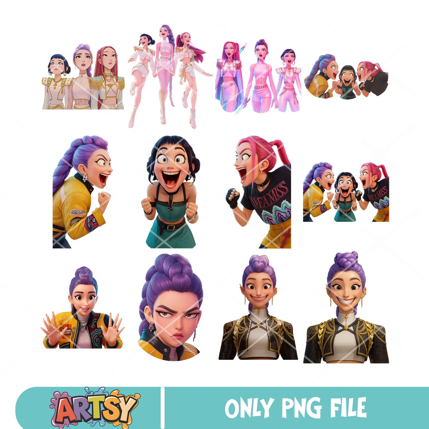 Huntrix cute band png bundle, huntrix kpop png, kpop hunters png