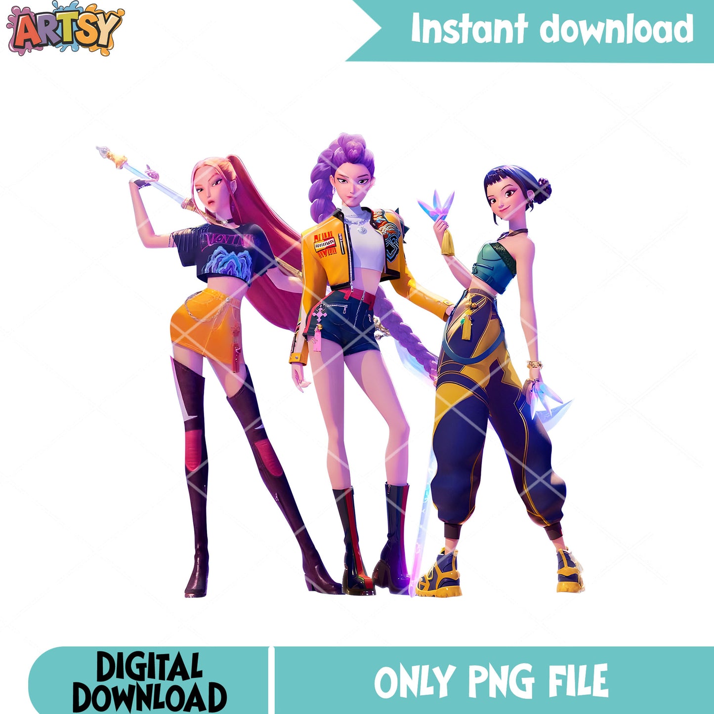 Huntrix kpop 3d poster png, girls pose poster png, girls kpop png