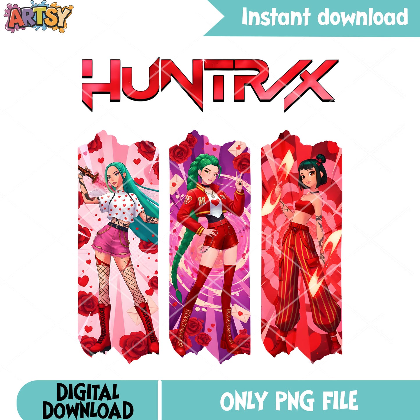 Huntrix poster valentine png, huntrix png, kpop demon hunters png