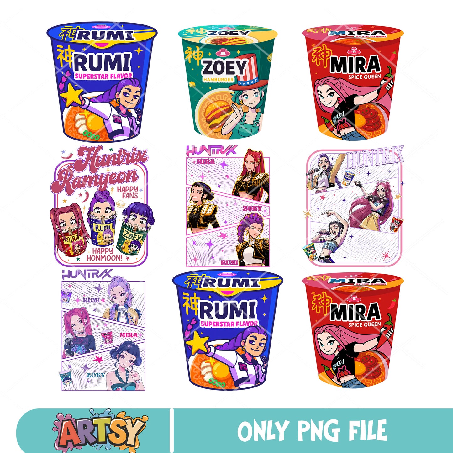 Huntrix ramyeon bundle png, huntrix team png, huntrix kpop png