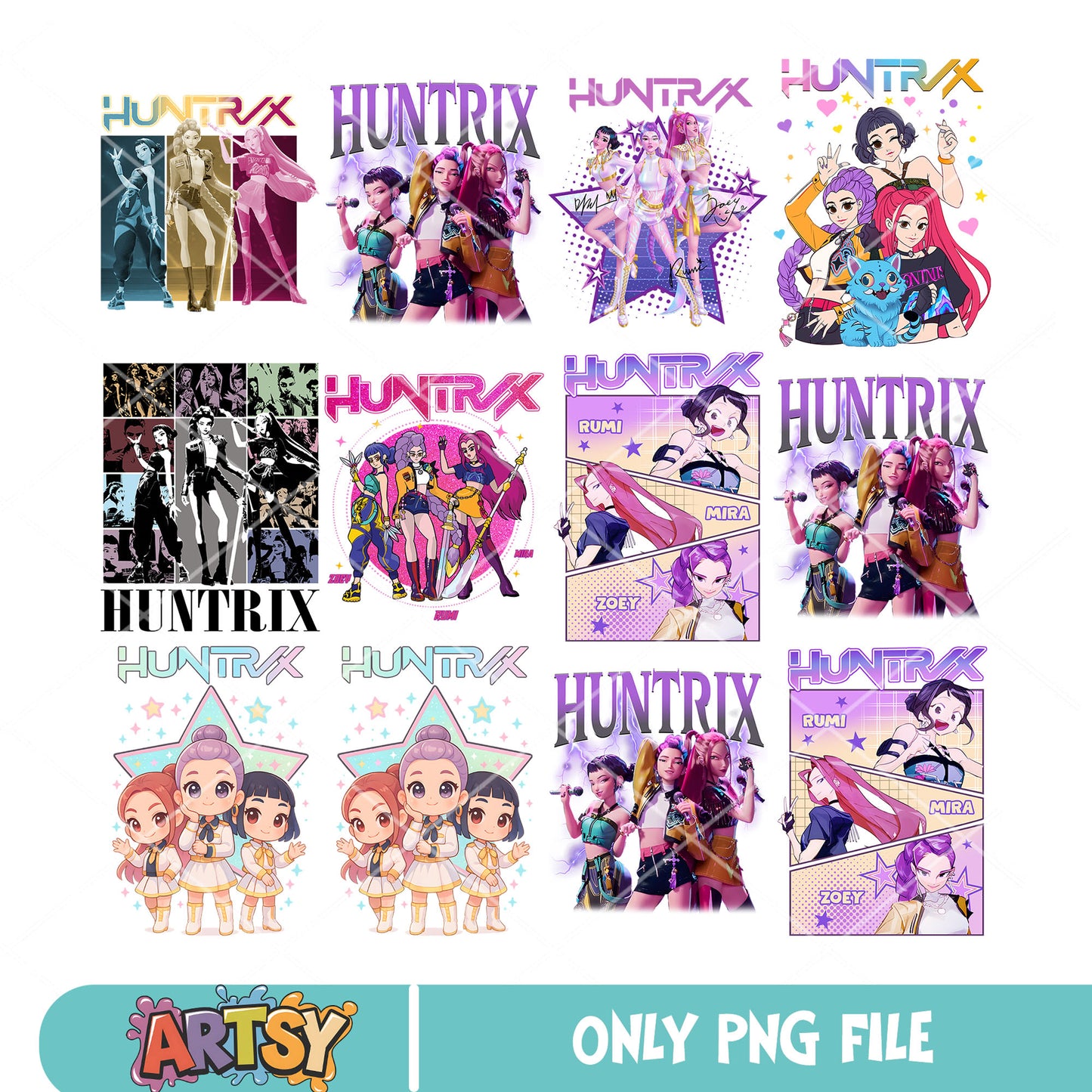 Huntrix slay girl png bundle, golden huntrix png, huntrix members png