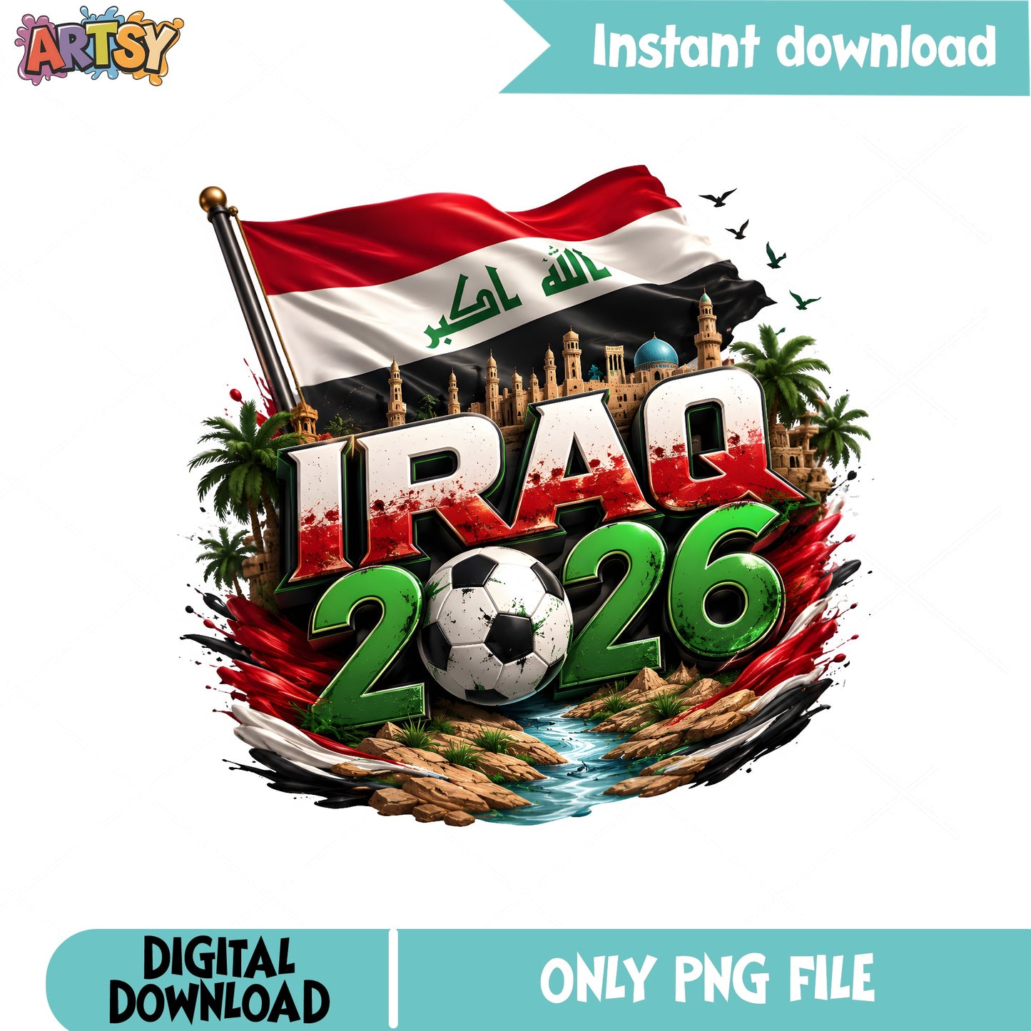 Iraq 2026 World Cup Soccer PNG, Iraq Flag PNG, Football PNG